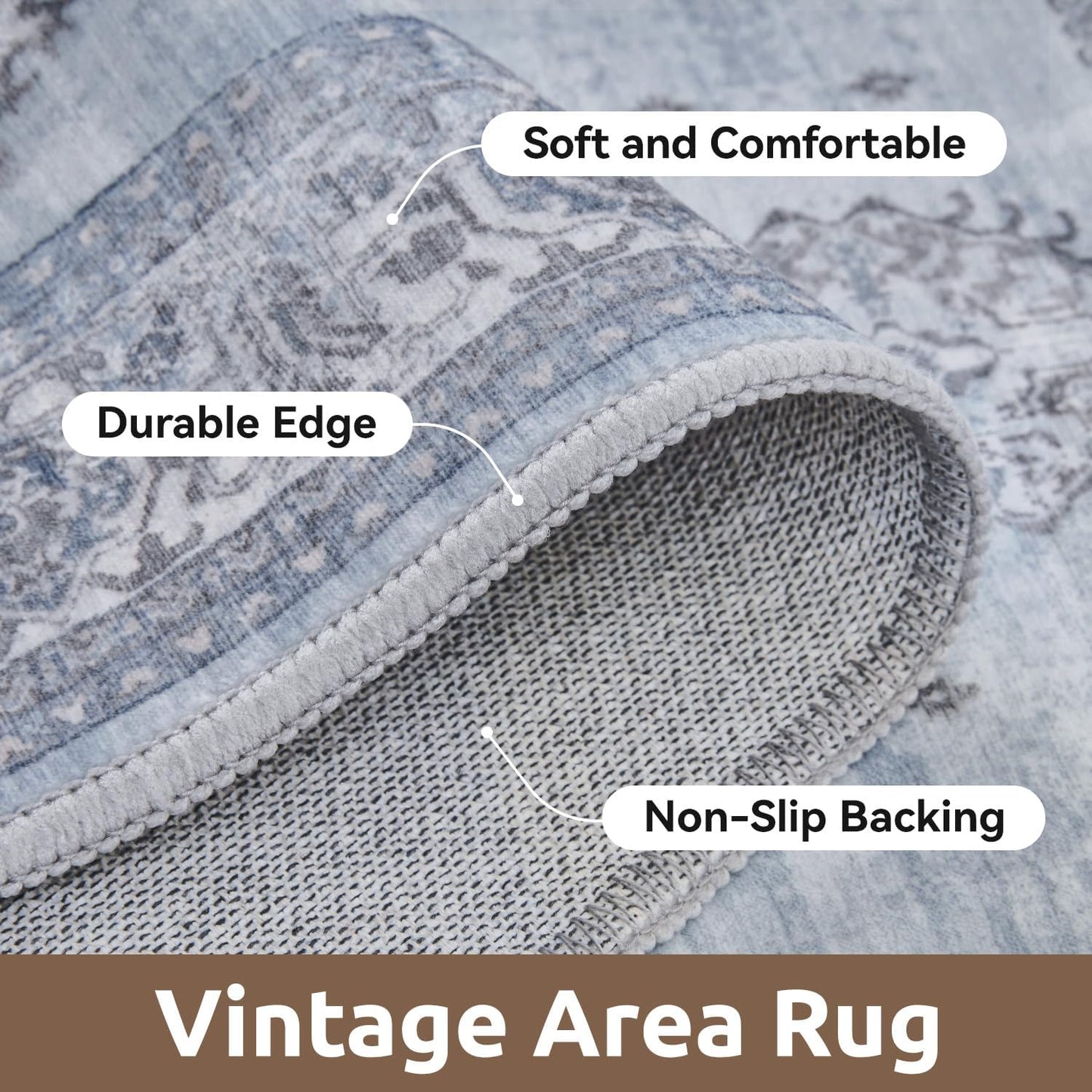 AMOAMI-Vintage Area Rug 3x5 Blue Rugs for Living Room-Soft Washable Rug Non Slip Entryway Rug Indoor Vintage Throw Accent for Bedroom Laundry Room Dining Bathroom Bedside