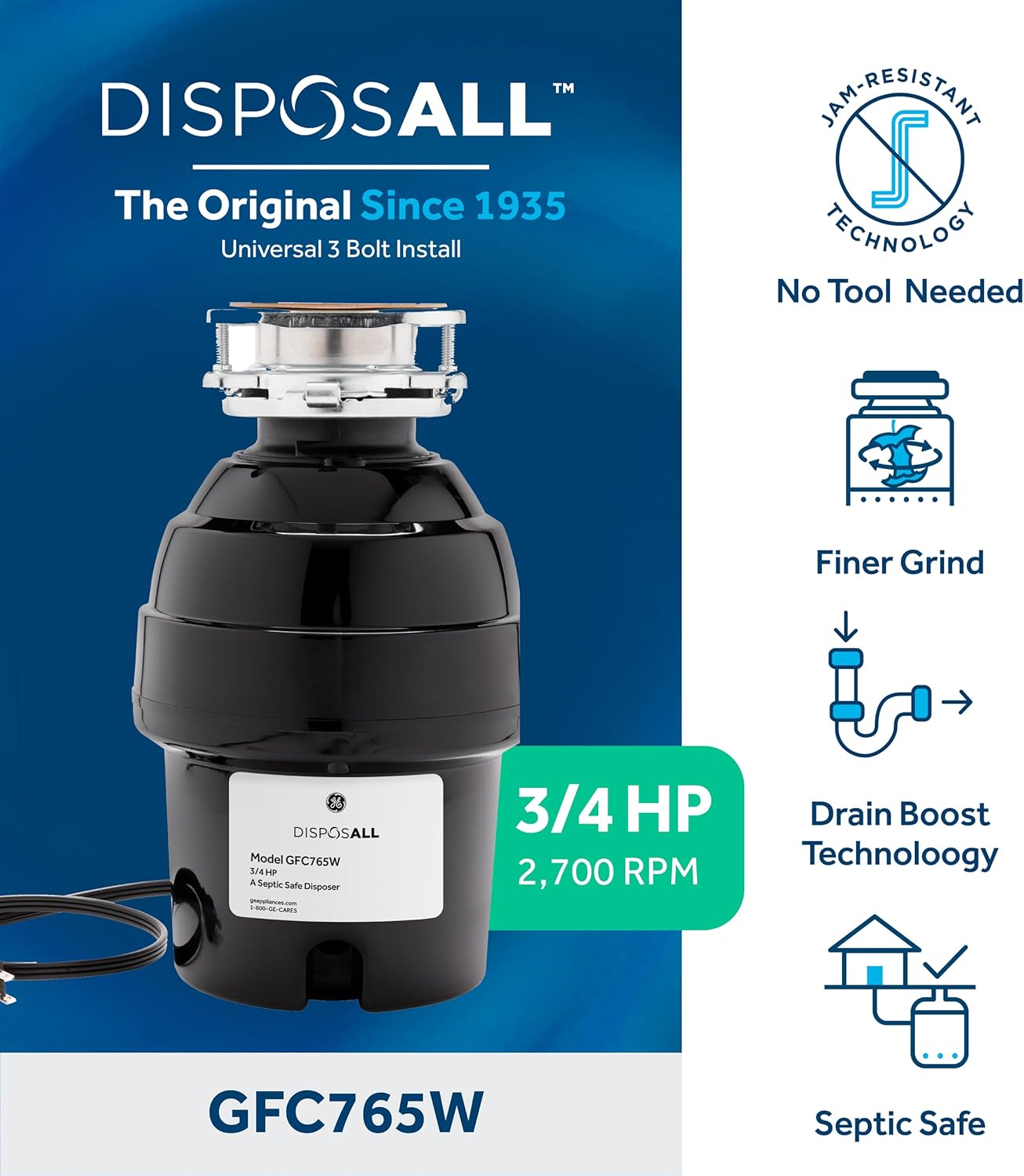 GE GFC765W Disposer, Black