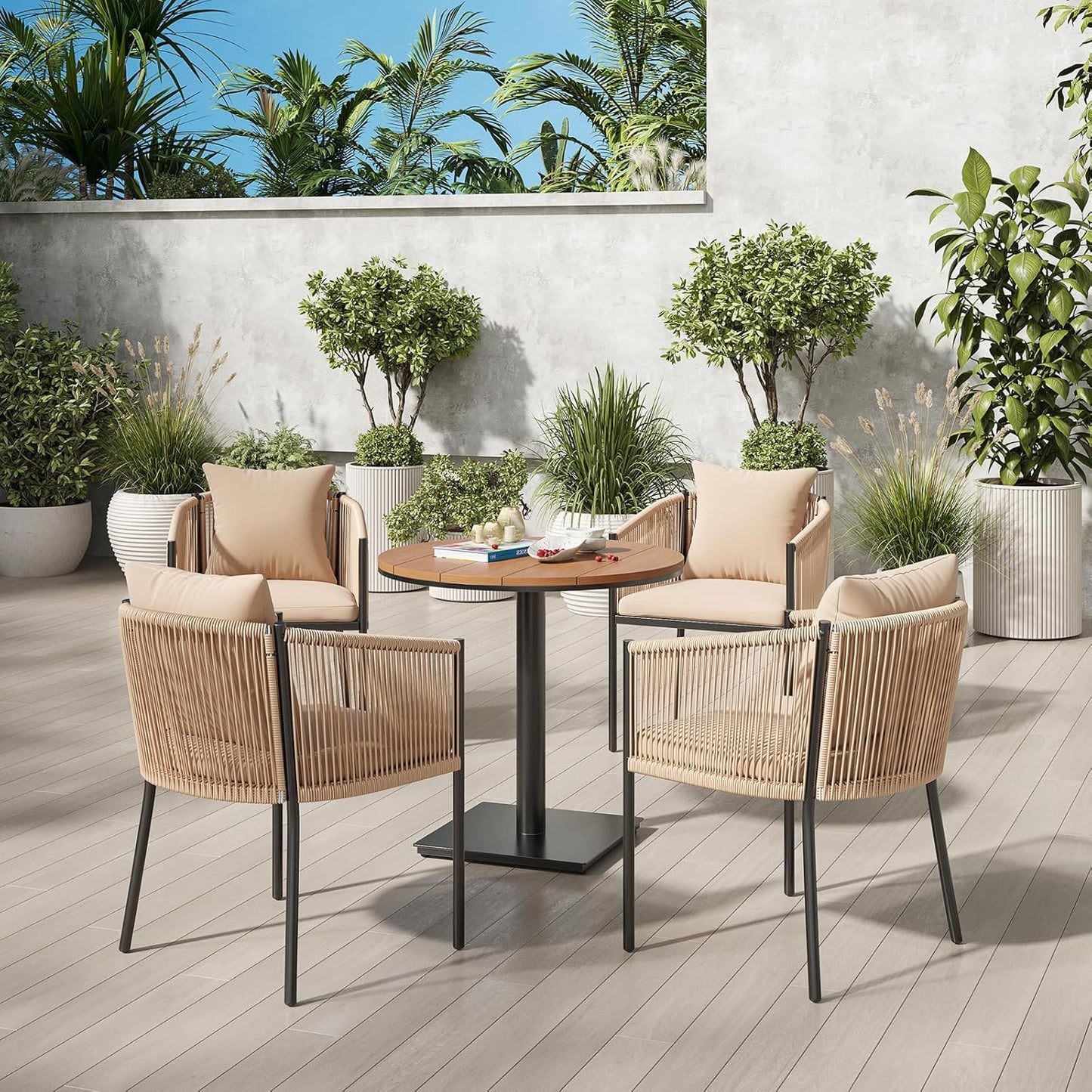 Soohow 5 Pieces Outdoor Dining Set for 4, Patio Table and Chairs Set 4 X Rattan Wicker Patio Chair with Cushions and 1 X Outdoor Table Plastic Wooden Top for Lawn, Deck Backyard, Poolside