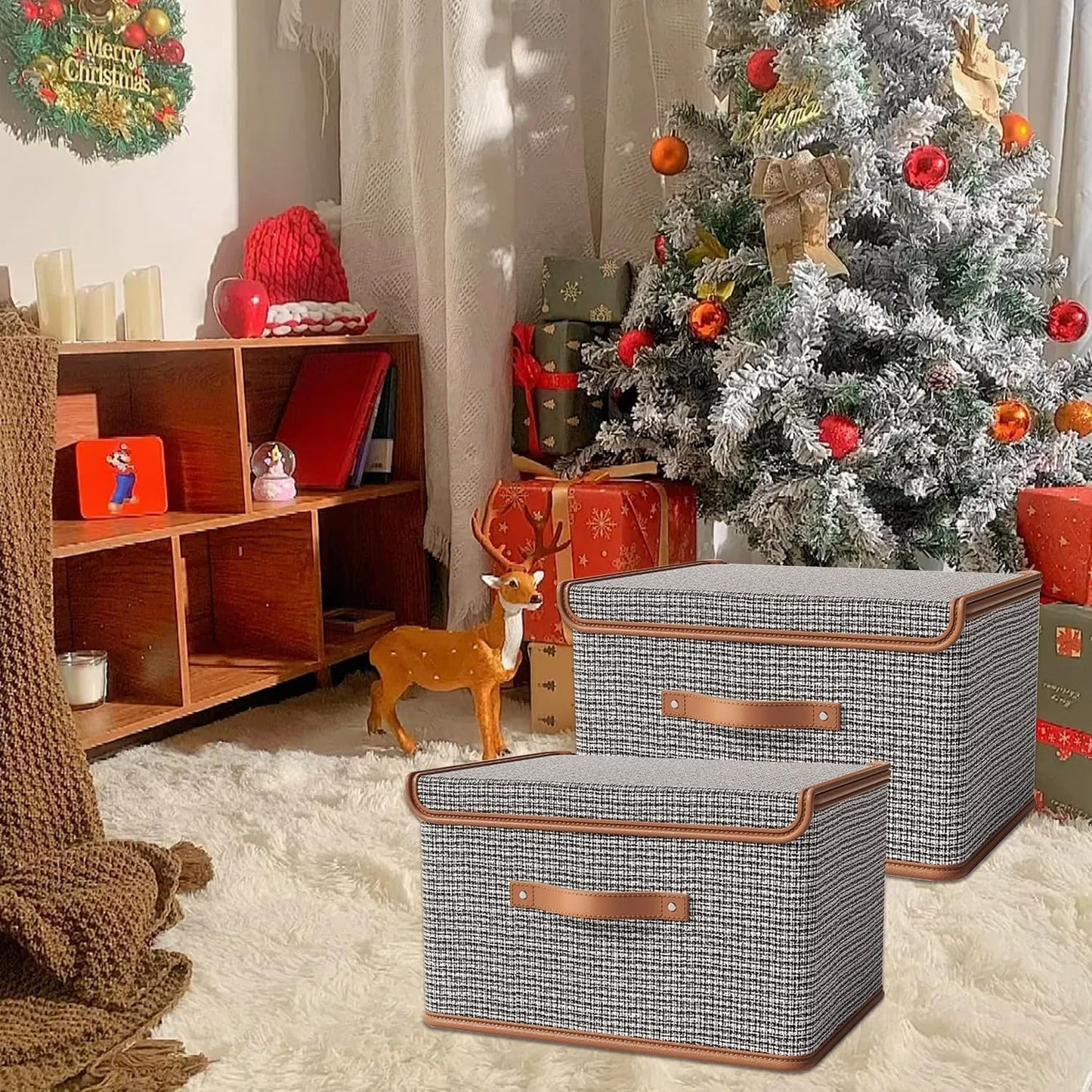 Tuza 2 Pack Storage Bins with Lids, Collapsible Closet Organizer Container, Fabric Organizer Box with Handles, Decorative Storage Boxes with Lids for Organizing Clothes, Sheet, Light Grey, Extra Large