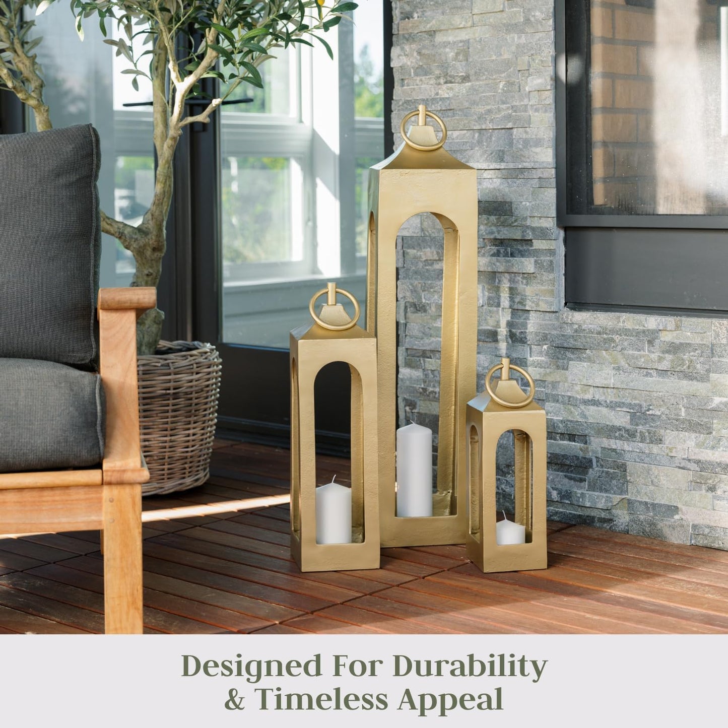 Small Gold Lantern, Rustic Metal Decorative Lantern, Candle Holder for Indoor & Outdoor, Home Decor for Patio, Garden & Tabletop, Hanging Lantern for Parties & Weddings