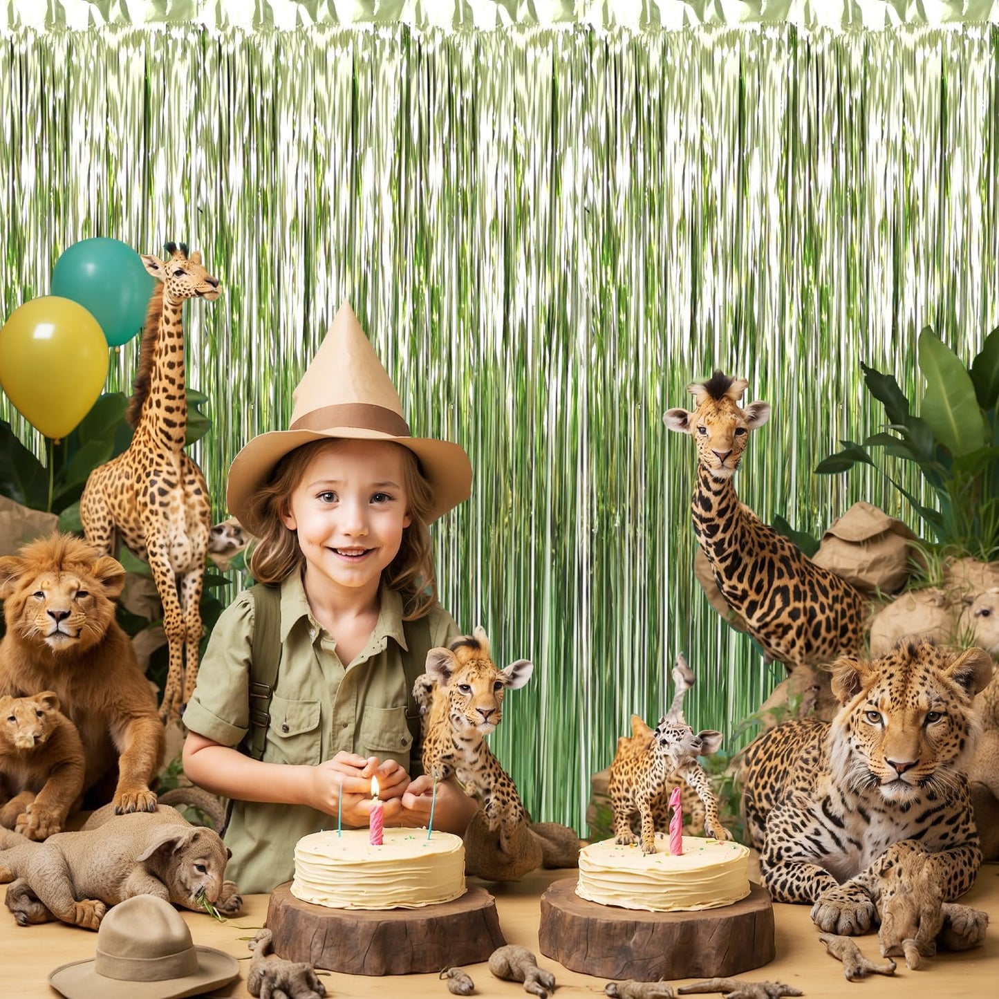 GOER 3.2 ft x 9.8 ft Metallic Tinsel Foil Fringe Curtains,Pack of 2 Party Streamer Backdrop for Birthday,Graduation Decorations and New Year Eve (Sage Green)