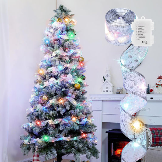Christmas Tree Ribbon String Lights - 33ft 100 LED Battery Powered Fairy Lights with Timer and 8 Lighting Mode, Ribbon Bow Light for 6ft - 8ft Christmas Tree New Year Decor, Silver Ribbon, Multi-color