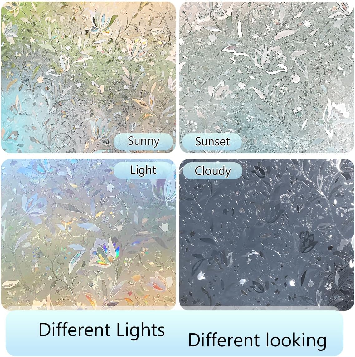 HIDBEA Window Privacy Film, 3D Stained Glass Static Cling - Sun Blocking Anti-UV Heat Control, Reusable Decorative Film for Home/Office Doors, Rainbow Tulip Design (17.5 in x 78.7 in)