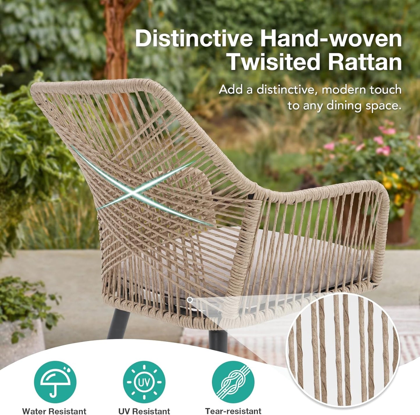 Patiorama Patio Dining Chair Set of 6, Woven Rope Outdoor Dining Chair w/Steel Frame, All-Weather Twisted Rattan Chairs w/Armrest & Cushion, Outdoor Dining Wicker Chairs for Backyard Garden(Beige)