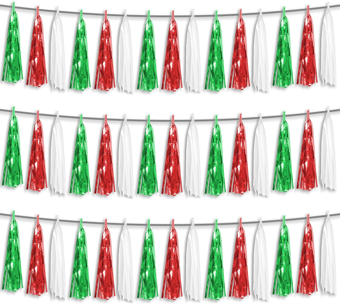 3P Red Green White Foil Fringe Metallic Tassel Streamers Banner Tassel Garland for Parade Floats, Graduation, Wedding, Birthday, Halloween, Christmas, Mexican Italian Birthday Party Decorations