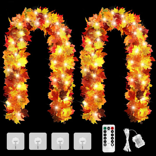 Aneco 2 Pack 5.74 Feet Each Maple Leaves Garlands with 8 Lighting Modes LED String Lights Artificial Maple Leaf Fall Decorations for Home Indoor Outdoor Thanksgiving Halloween Decor, Total 11.5 Feet