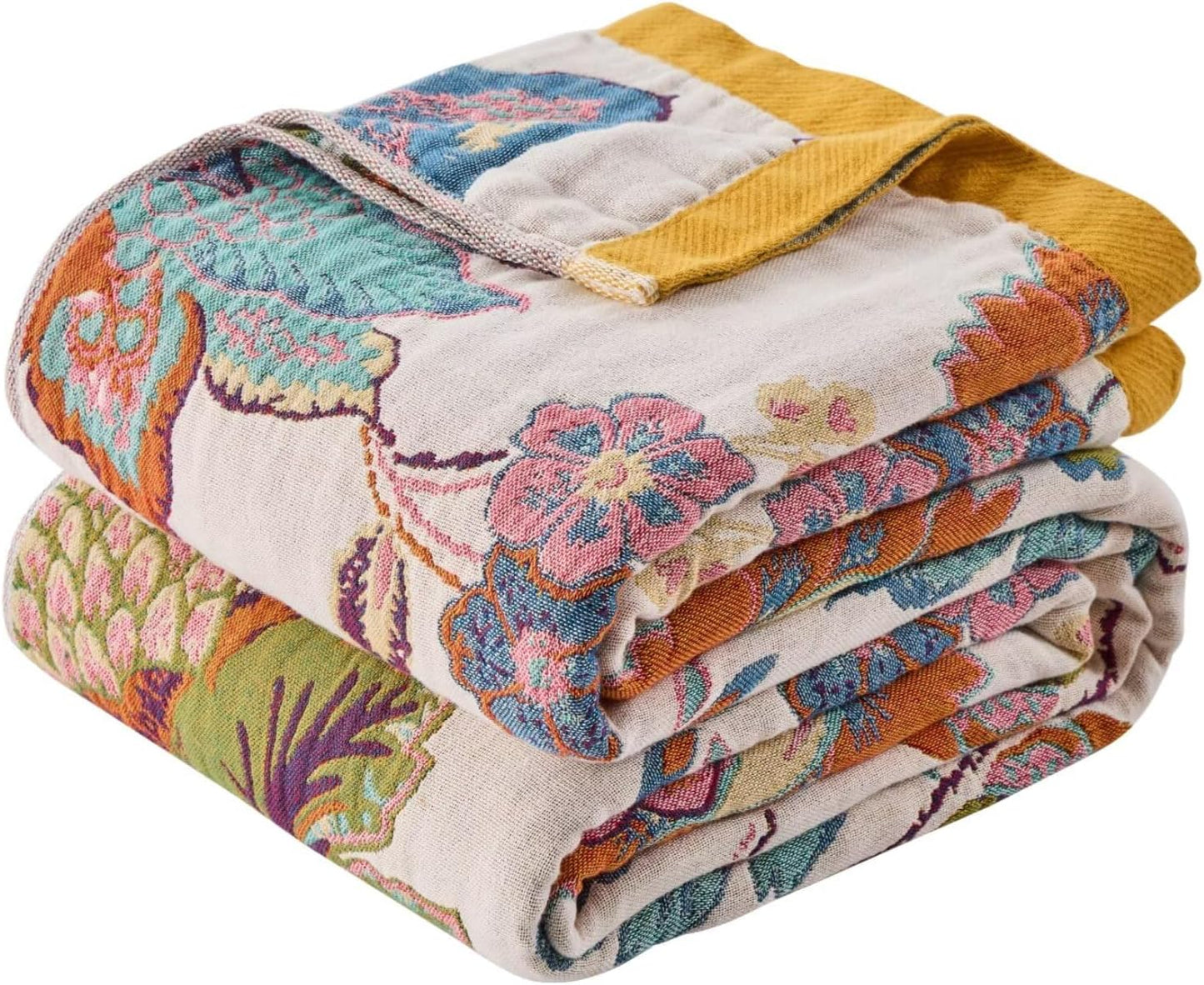 Summer Boho Throw Blanket for Bed, Multi Reversible Blanket Washable Breathable,Lightweight 4-Layer King Size Quilt for Bed,Floral Birds, 100% Cotton Muslin Large Travel Throw Blanket,90"x98"