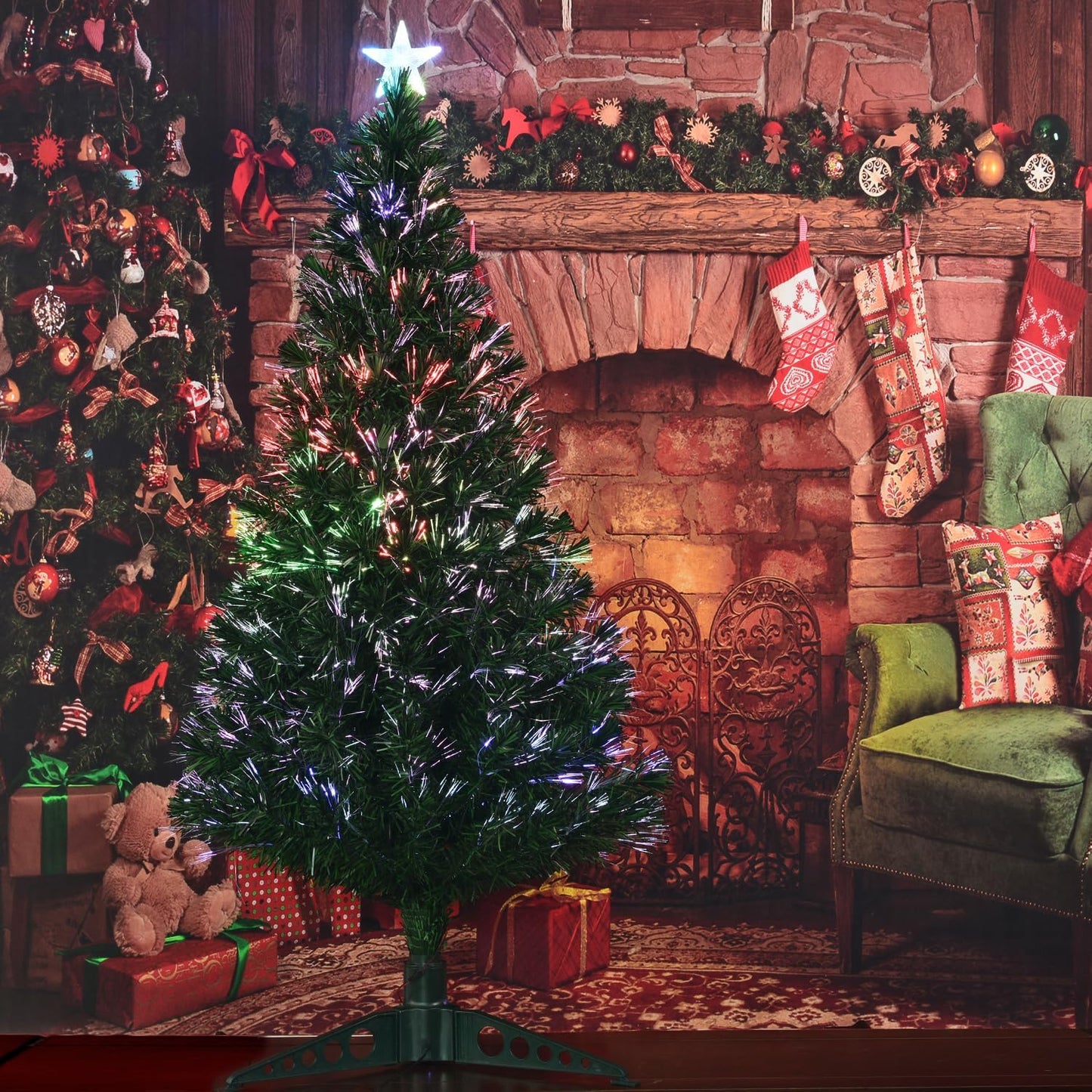 5FT Fiber Optic Green Christmas Tree Artificial Tree with Stand,Pre-lit Full Xmas Tree with Top Star Perfect for Indoor Holiday Decoration