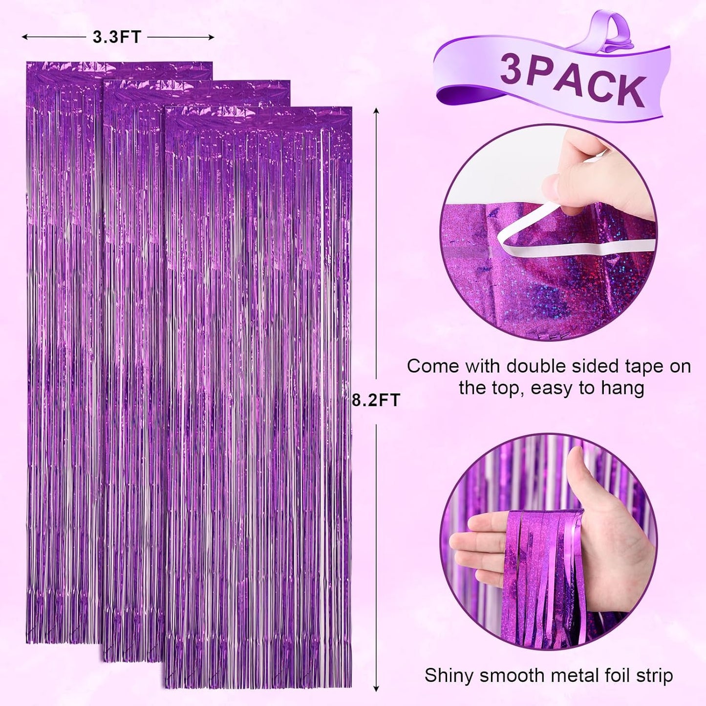 3 Pack 3.3 x 8.2 ft Laser Purple Foil Fringe Backdrop Curtains, Tinsel Streamers Birthday Party Decorations, Fringe Backdrop for Graduation, Baby Shower, Gender Reveal, Disco Party