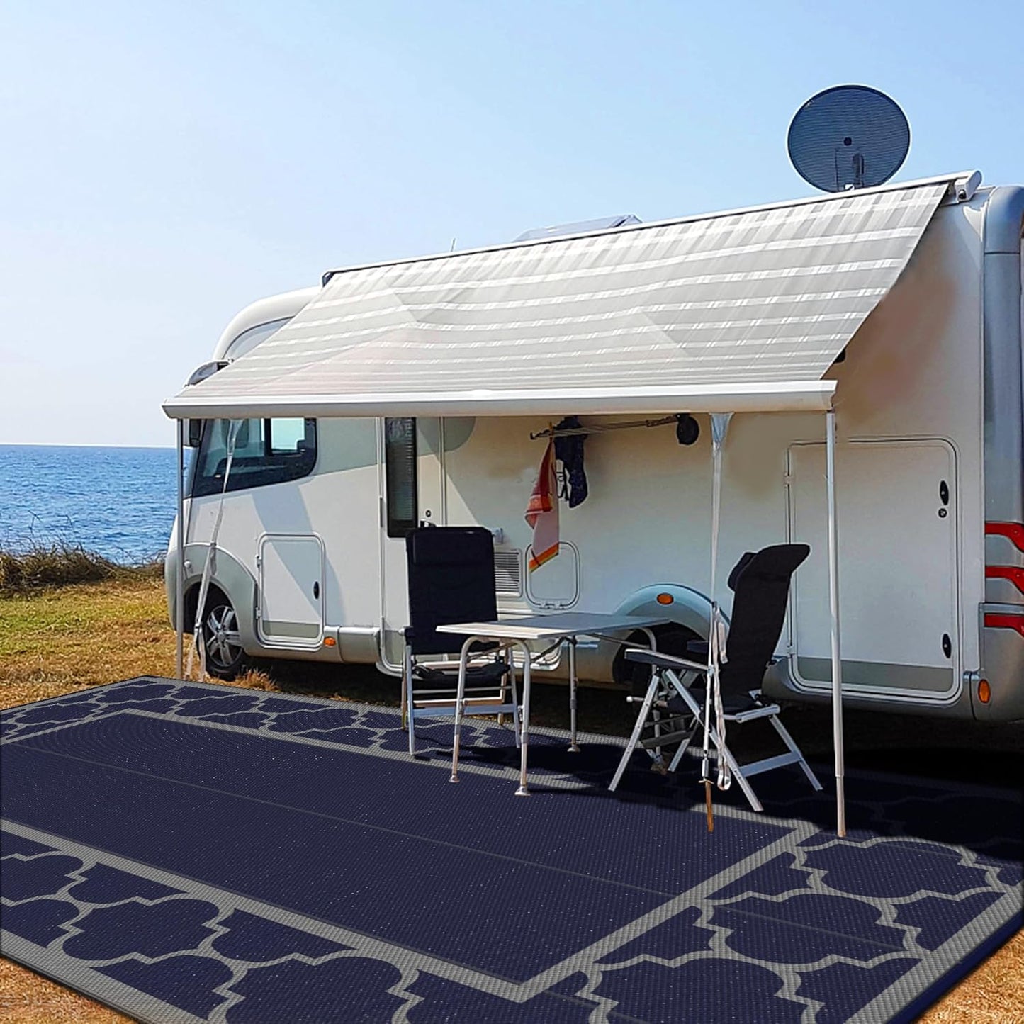 GENIMO 10 'x20 ' Outdoor Rug for Patio Clearance, Waterproof Indoor Outdoor Plastic Straw Rugs Carpet, Reversible Outside Area Rv Mat for Camping, Balcony Porch, Deck, Picnic, Beach (Blue & Grey)