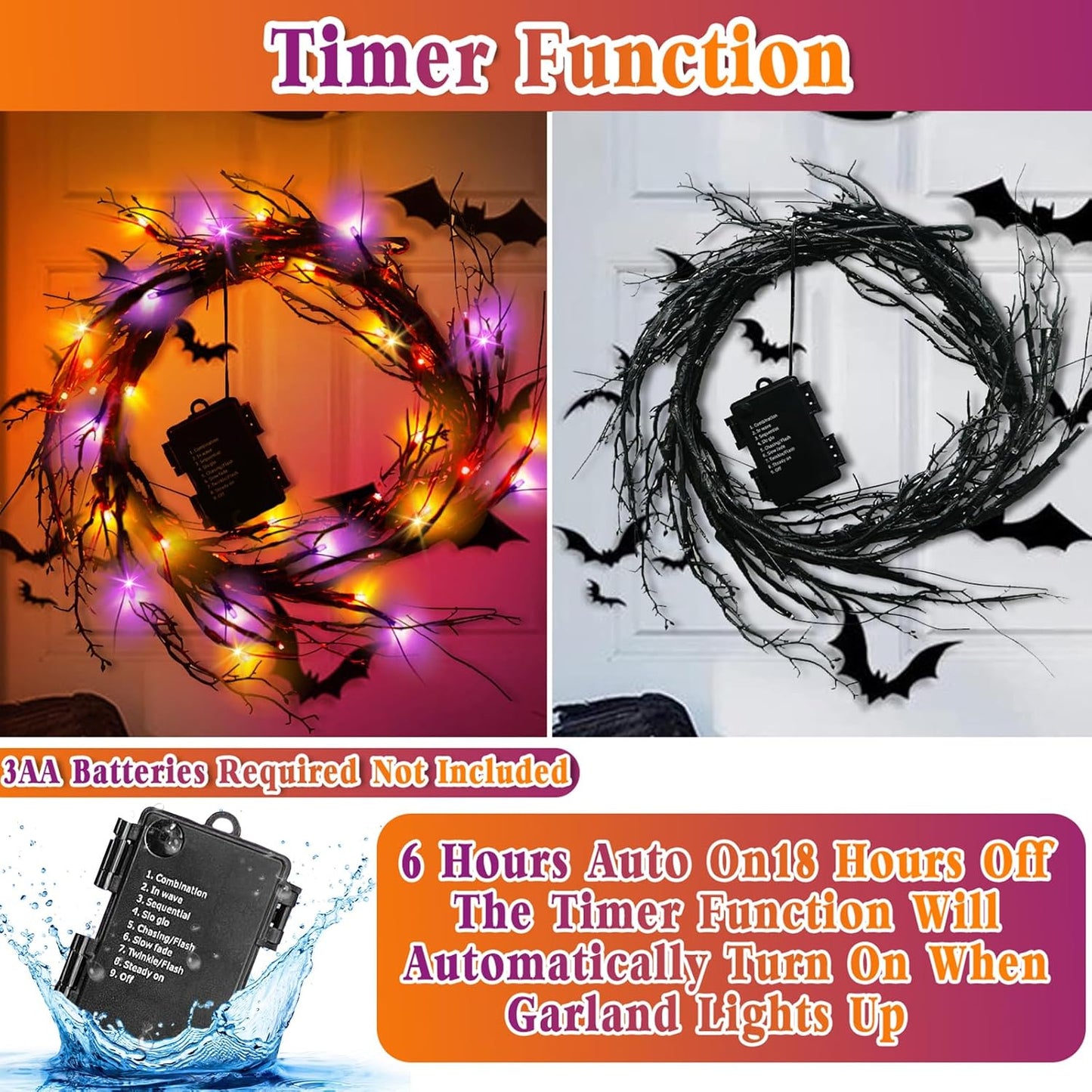 [8 Modes & Timer] Halloween Decorations Willow Vine Twig Garland, 6 FT 54LED Willow Vine Twig Lights Orange Purple LED Lights for Indoor Wall Fireplace Halloween Decorations