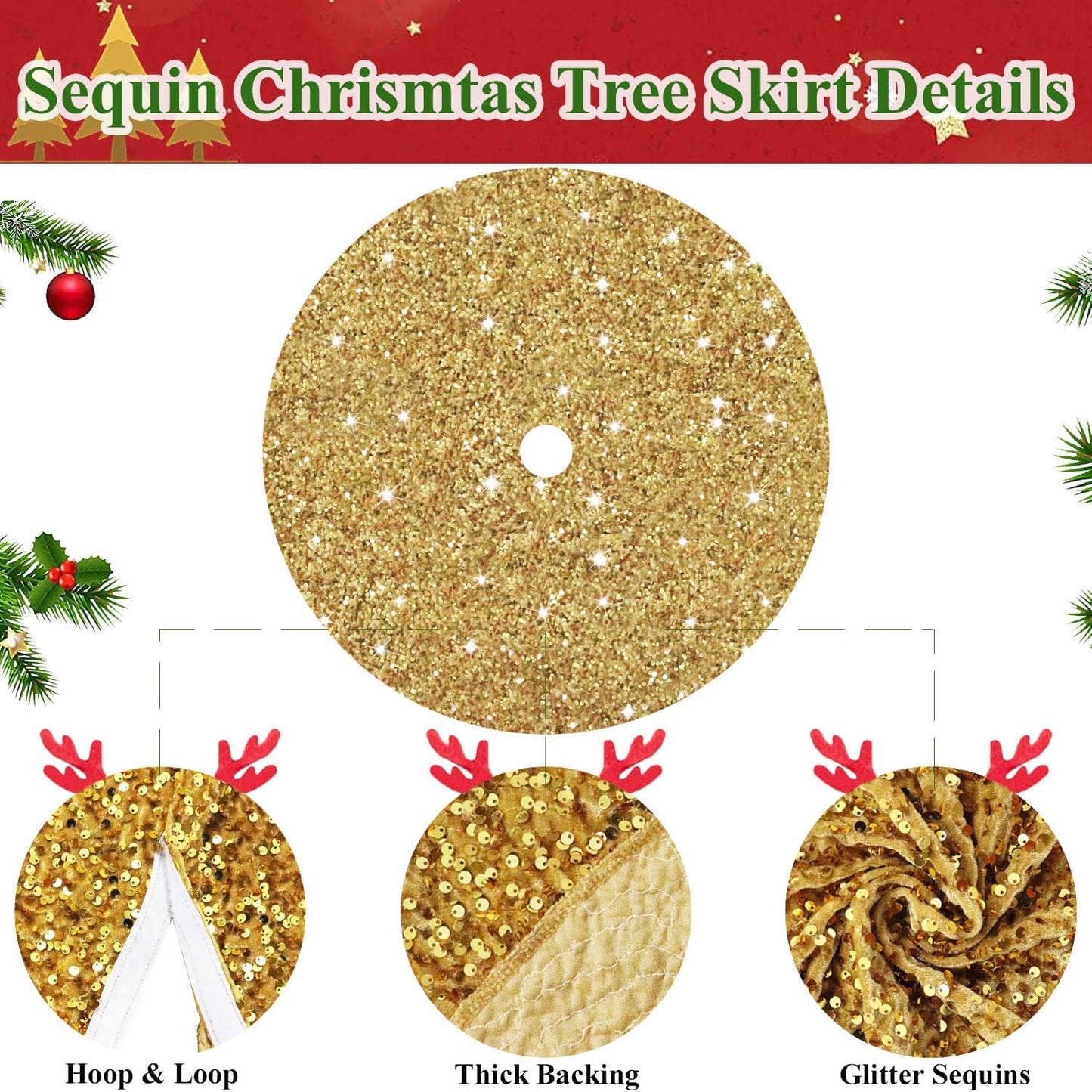 Gold Christmas Tree Skirts 21 Inches Metallic Tree Cover Skirt Personalized Christmas Tree Mat Ornament Rustic Round Small Xmas Tree Skirts for Holiday Festival Home Christmas Indoor Decoration
