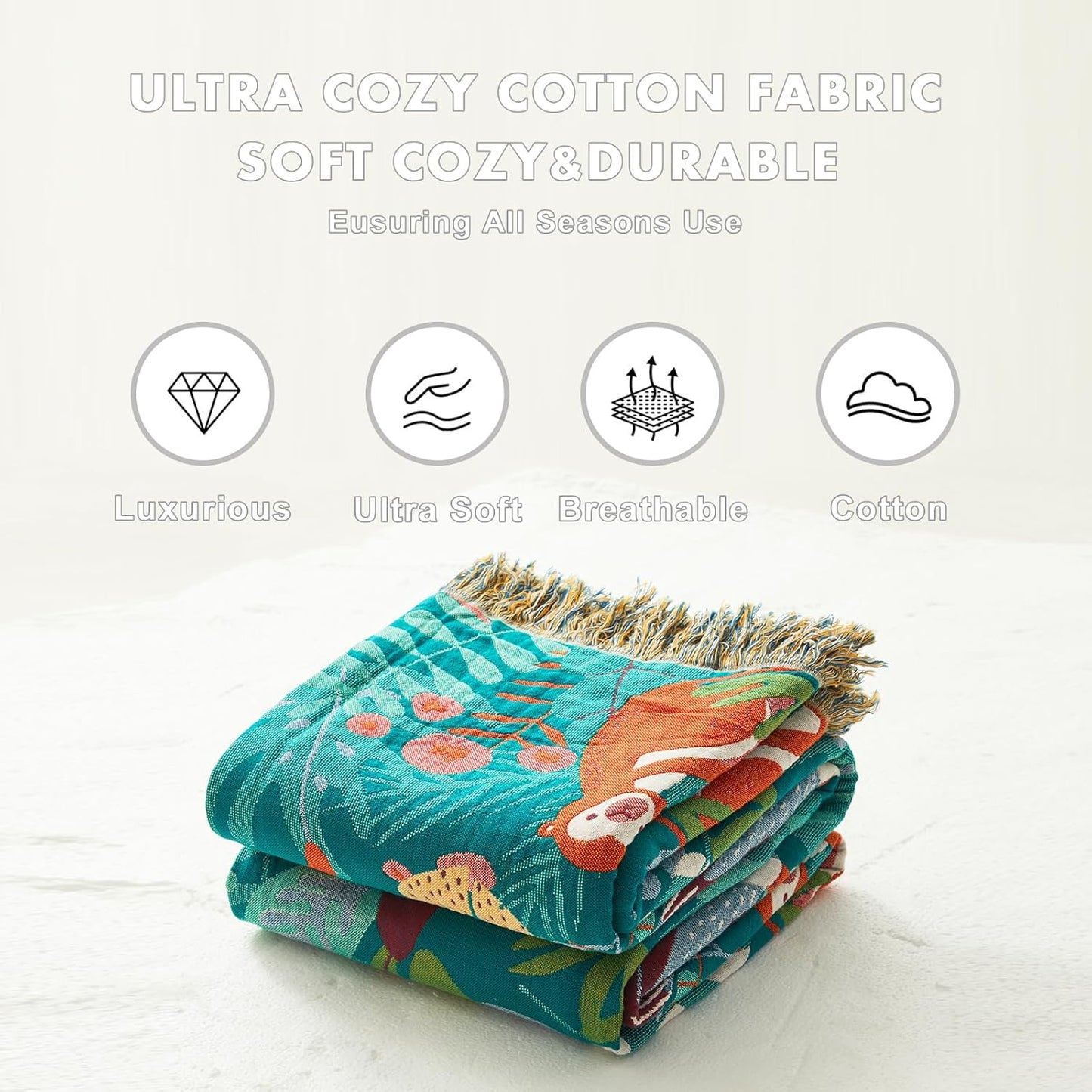 MSGKV Throw Blanket for Couch Cotton Muslin Breathable Animals Blanket 50"x60" Sofa Chair Blankets for All Seasons Lightweight Farmhouse Blankets Home Decor