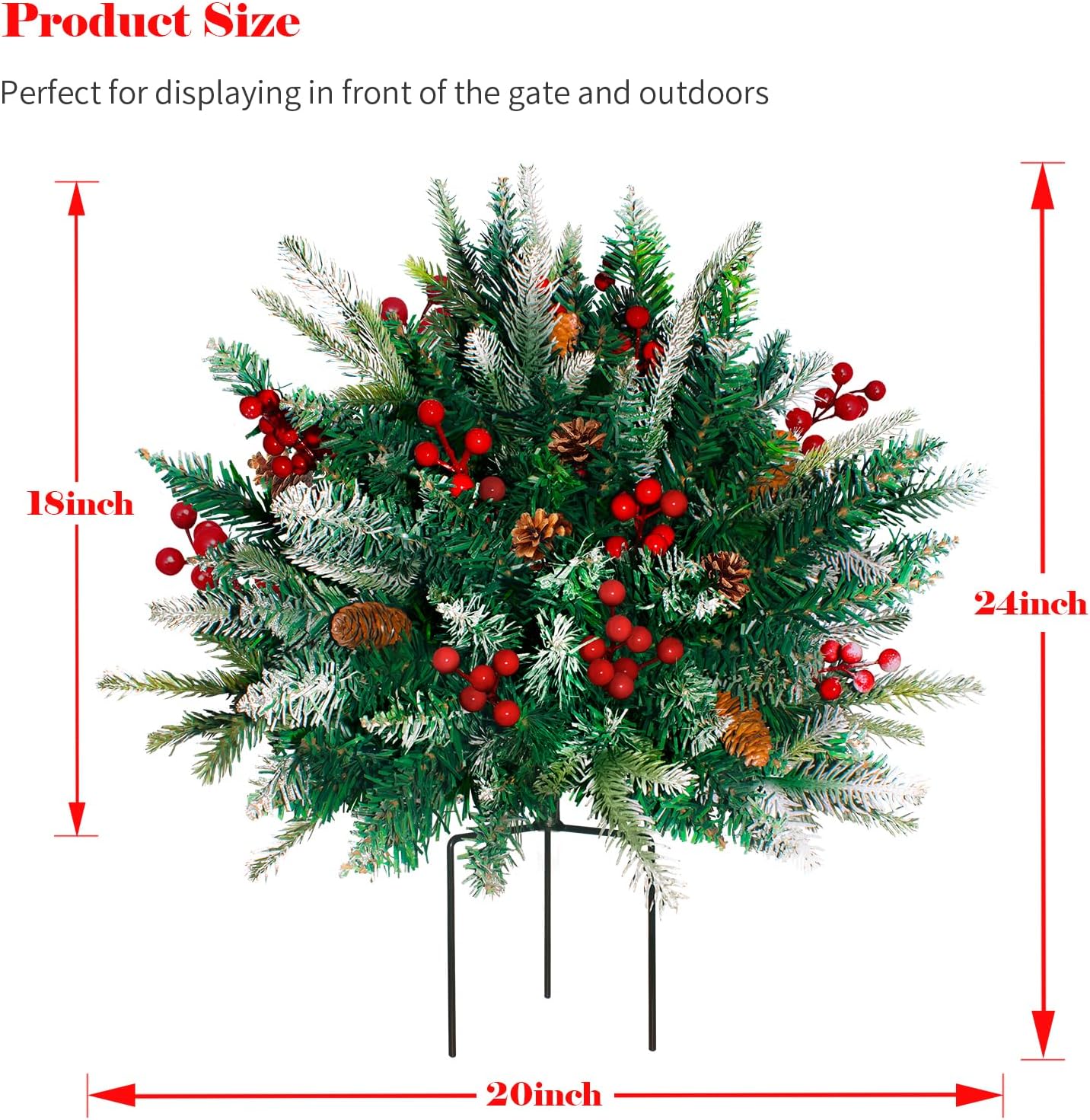 2 Pack Lighted Artificial Christmas Urn Filler, Battery Operated Pre-lit Xmas Pine Trees, Tripod Stake and 60 LED Lights, Holiday Porch Decorations for Porch, Yard, Garden, Flower Beds（Warm White）