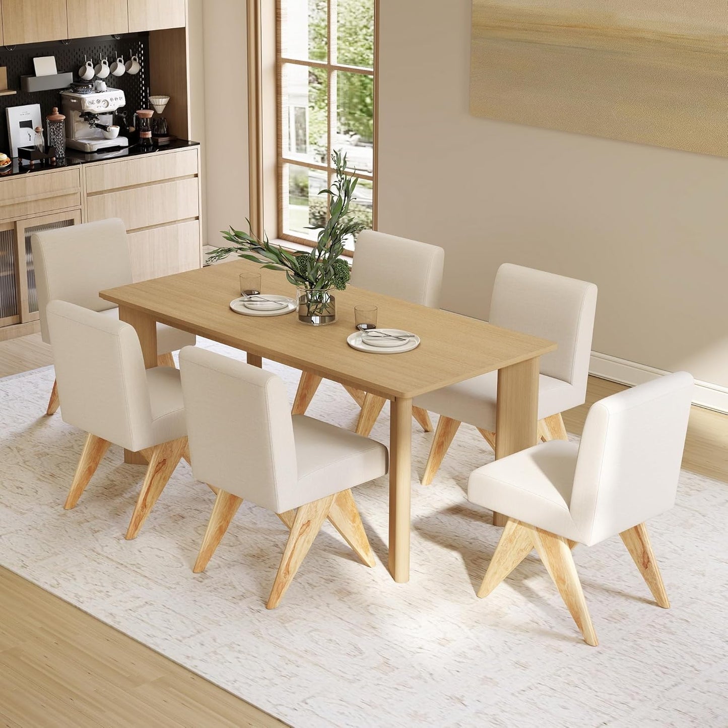 Mid Century Modern Farmhouse Dining Chairs Set of 6, Upholstered Armless Kitchen Chairs with Back and Wooden Legs, Linen Beige