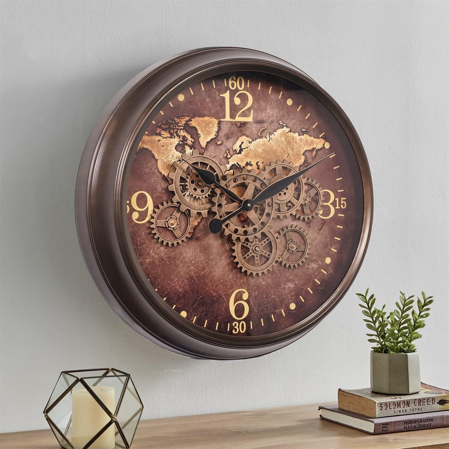 CLXEAST 24 Inch Large Wall Clock with Moving Gears, Industrial Clocks with World Map Dial, Oversized Cool Wall Clock for Living Room Decor,Oil Rubbed Bronze Brown