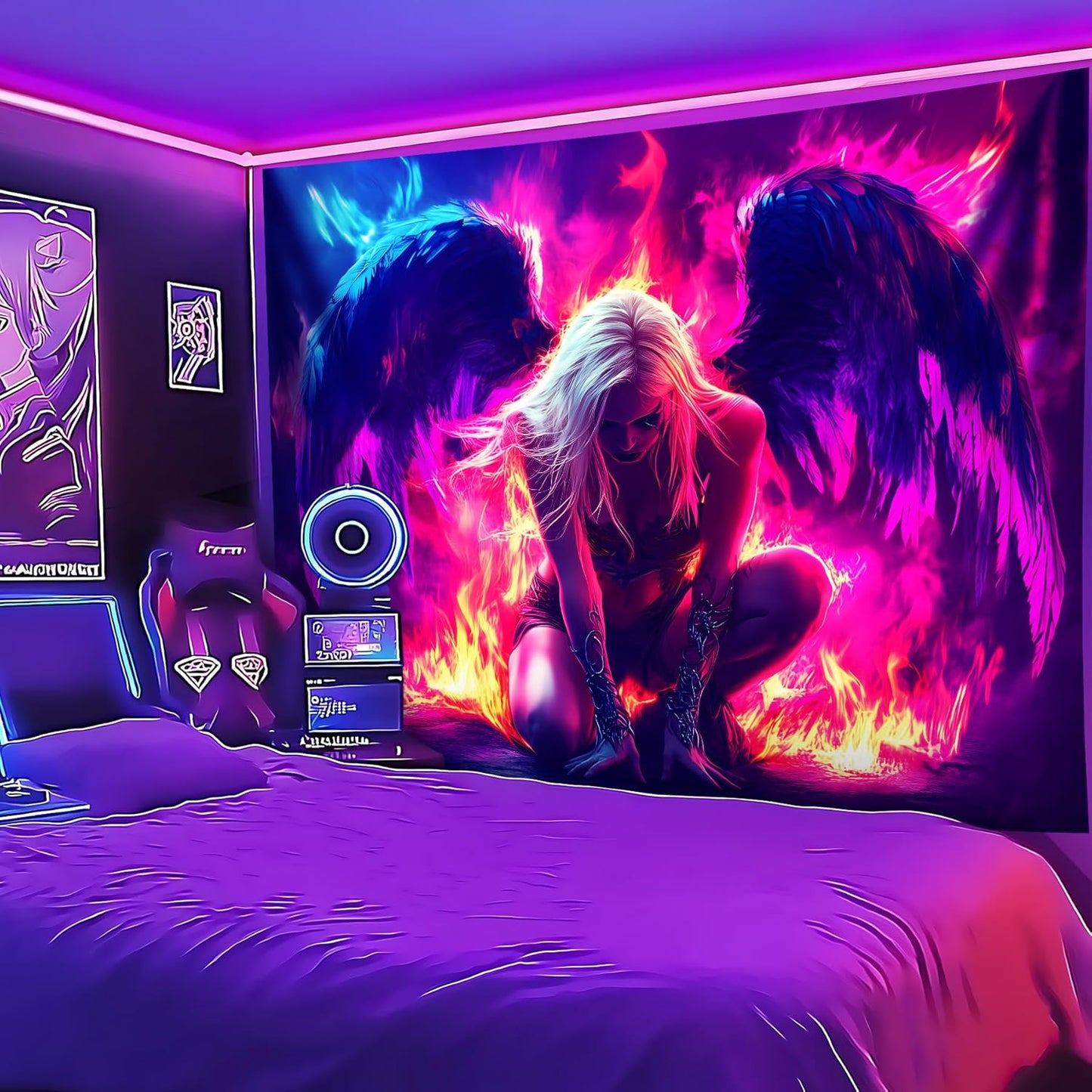 Blacklight Tapestry,WingTapestry Glow In The Dark,UV Reactive Black Light Upright Posters Wall Hanging for Bedroom Dorm Living Room Backdrop Decor (wing9, 79L" x 59W")