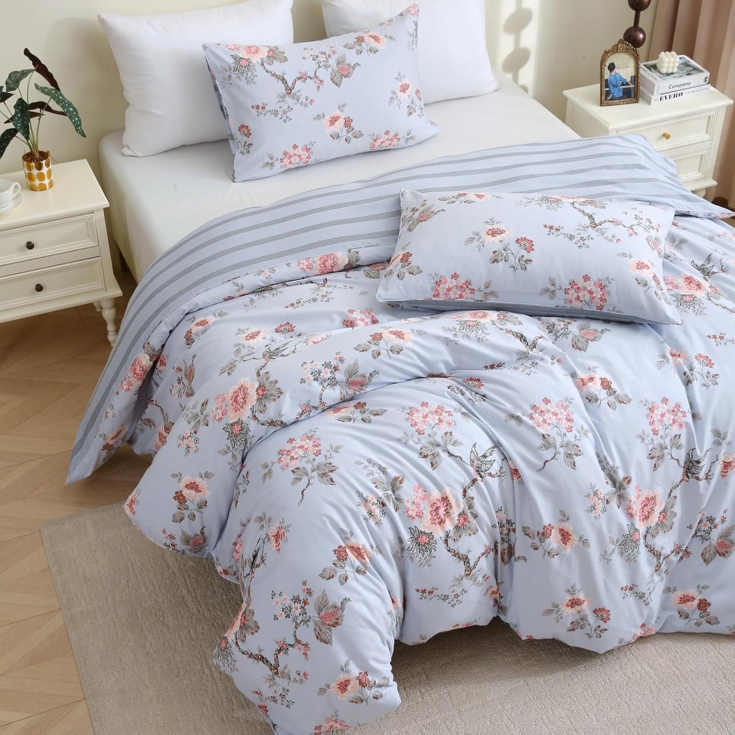 ABREEZE Floral Duvet Cover Queen Size Set Bird Flowers Bedding Set 100% Brushed Cotton Bedding Collection 1 Duvet Cover with 2 Pillowcases Grey
