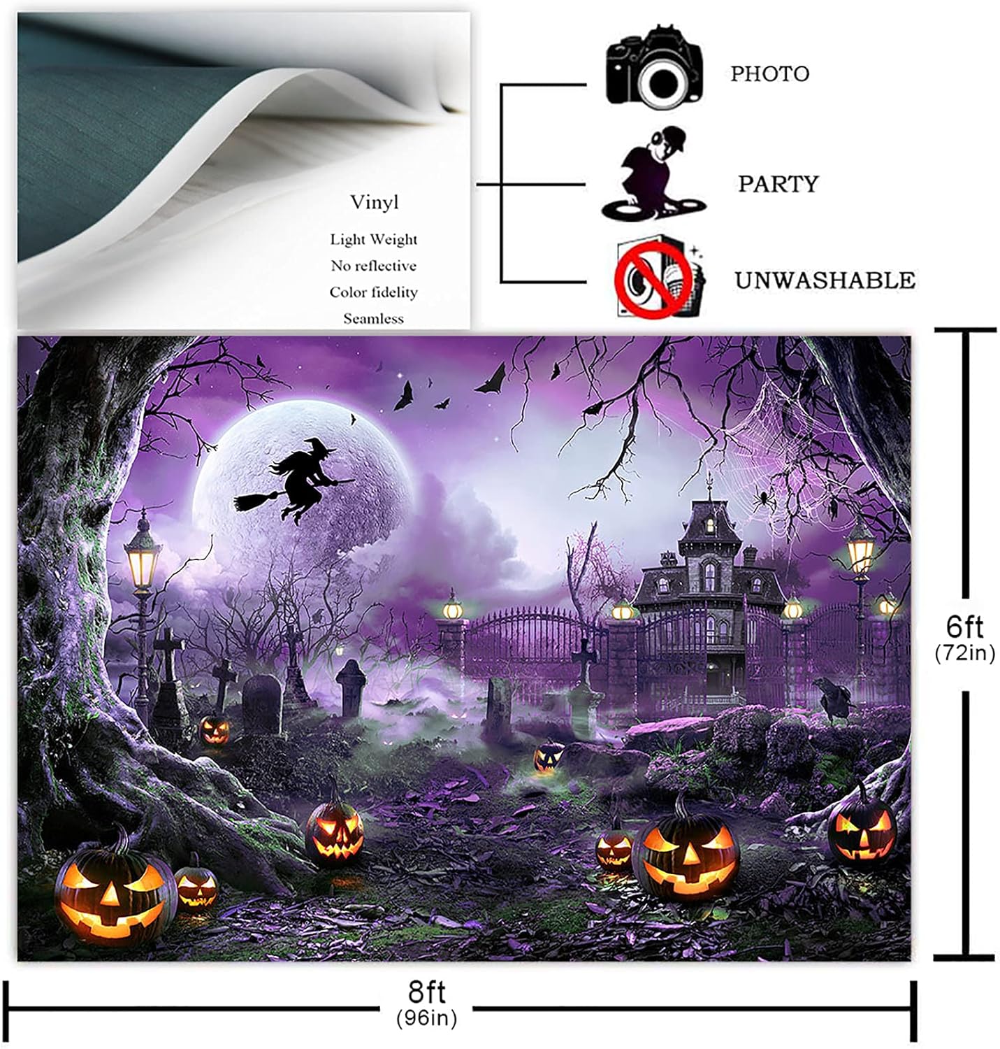 Avezano Halloween Photography Backdrop Full Moon Scary Night Castle Pumpkins Party Background Spooky Witch Bats Cemetery Child Kids Halloween Party Decorations Photoshoot Backdrops (8x6ft, Purple)