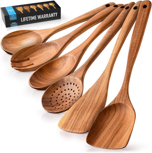 Zulay Kitchen 6-Piece Wooden Cooking Spoons Set – Heat-Resistant, Smooth Teak Utensils with Comfort Grip – Lightweight & Durable – Easy to Clean, Perfect for Non-Stick Cookware