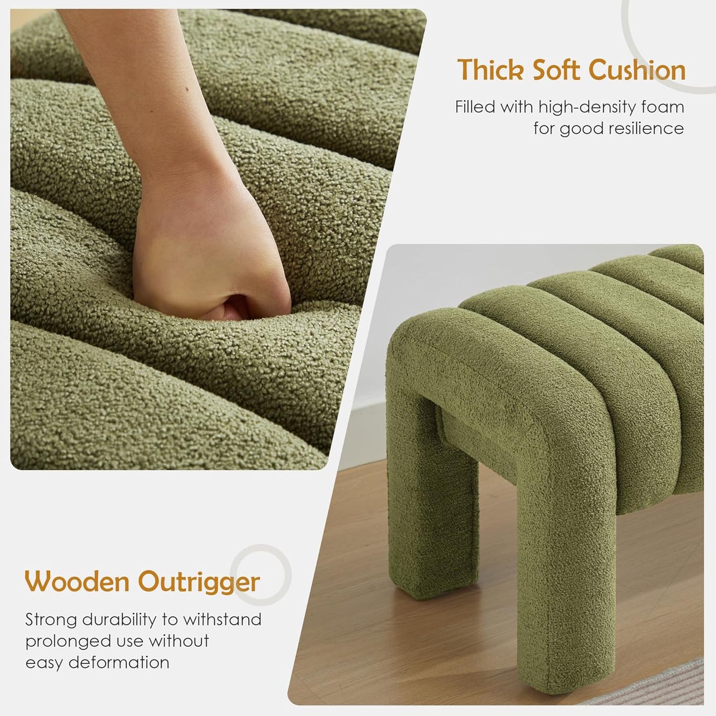 43.3" Bedroom Bench, Upholstered Entryway Bench, Modern End of Bed Ottoman with Solid Wood Legs and Adjustable Foot Pegs for Entryway, Dining Room and Living Room (Green Boucle)