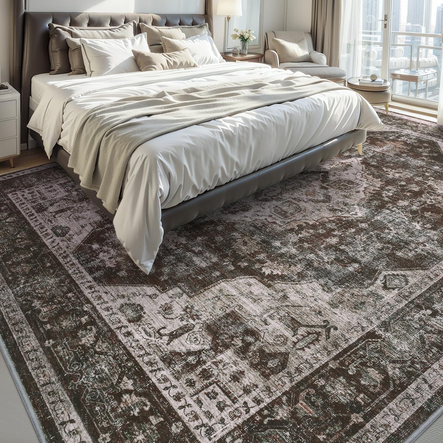 AMOAMI-3X5 Area Rug-Soft Washable Vintage Throw Accent Rugs for Living Room, Entryway, Bedroom, Kitchen, Bathroom, Laundry Room, Kitchen, Bathroom, Bedside, No Slip Brick/Brown