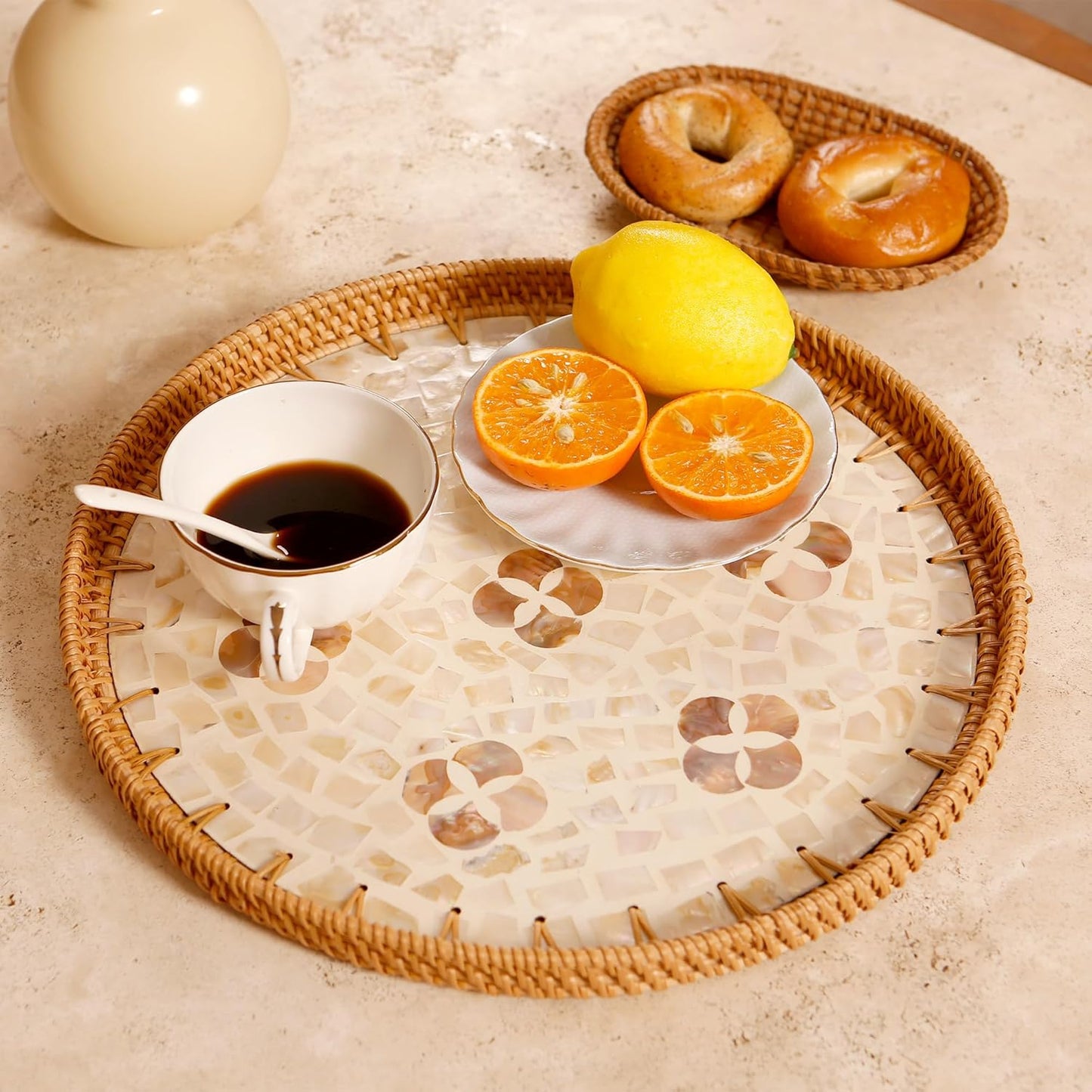 Round Rattan Tray with Mother of Pearl Inlay & Wooden Base - Decorative Wicker Serving Tray for Coffee/Bread/Fruits, Food Storage & Display - Multipurpose Home Decor (M,Four-Petal Flower)