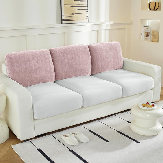 Large Backrest Cushion Covers Super Stretch Backrest Covers for 3 Cushion Couch Sofa, Couch Back Cushion Covers Featuring with Chenille Yarn (Softer Version, 3PC, Pale Pink)