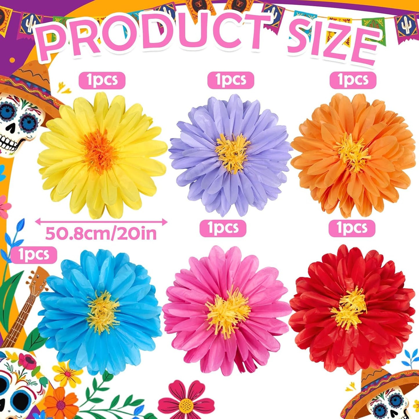 Homarkable 6 Pcs Large Tissue Paper Flowers, 20 Inch Handcrafted Giant Paper Flowers for Mexican Party Summer Wedding Birthday Backdrop Baby Shower Nursery Craft Outdoor Wall Decor