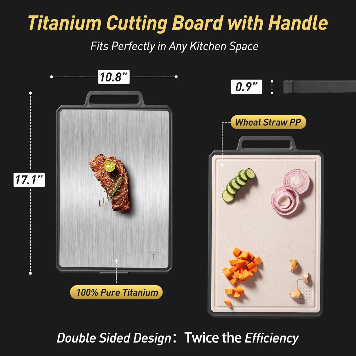 Titanium Cutting Boards for Kitchen Non Toxic Chopping Board with Handle Large Big Small Kitchen Meat Butcher Block 2 in 1 Pure Titanium and Wheat Straw PP Not Wood Bamboo Plastic Teak Grey/Beige