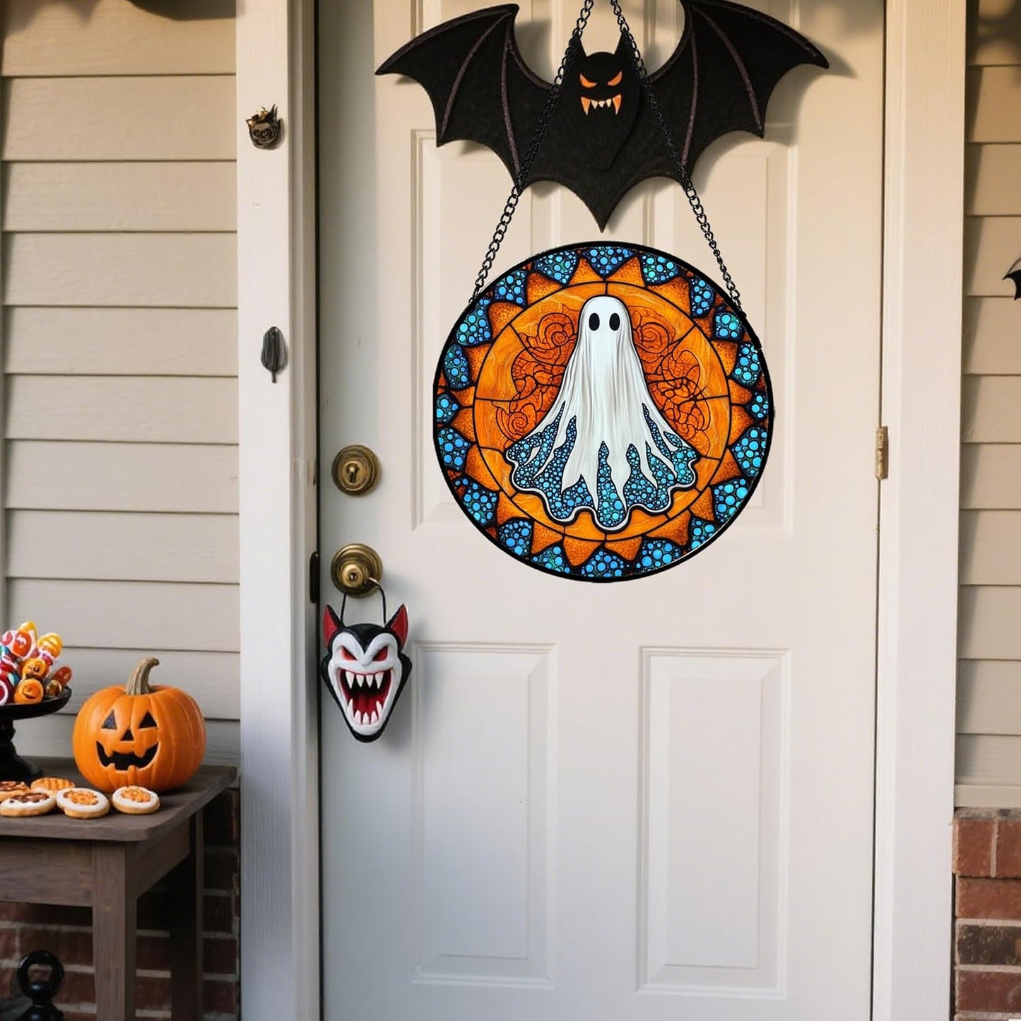 Stained Glass Window Hanging - Halloween Decorations White Ghost Suncatcher for Doors Garden Indoor Spooky Funny Blue Sun Catchers Gothic Decor Horror Gifts for Women Men Friend 6.3 in