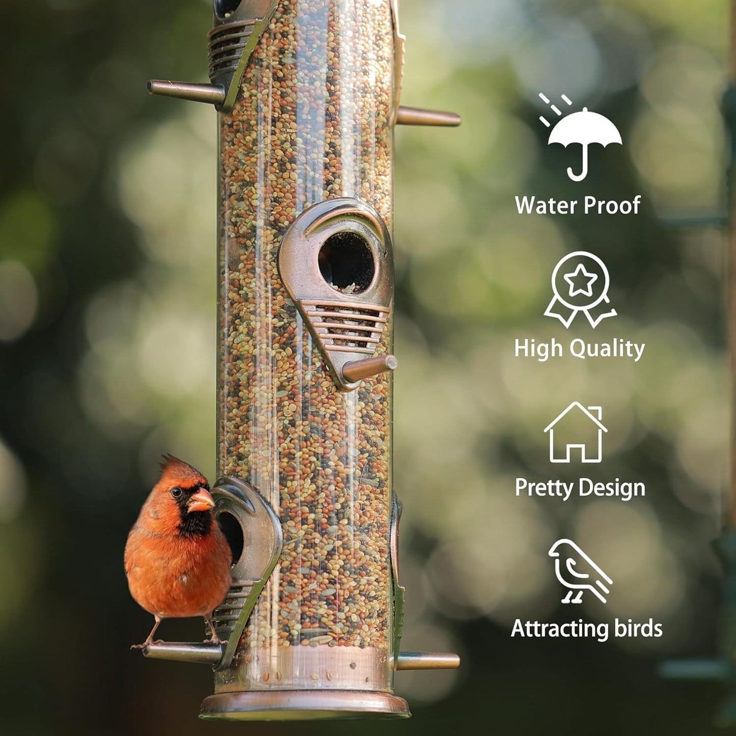 MIXXIDEA Metal Tube Bird Feeders for Outdoors - 6 Ports Hanging Feeder Attracts Wild Birds in Your Lawn, Garden, Balcony - Antique Copper - 1 Pack