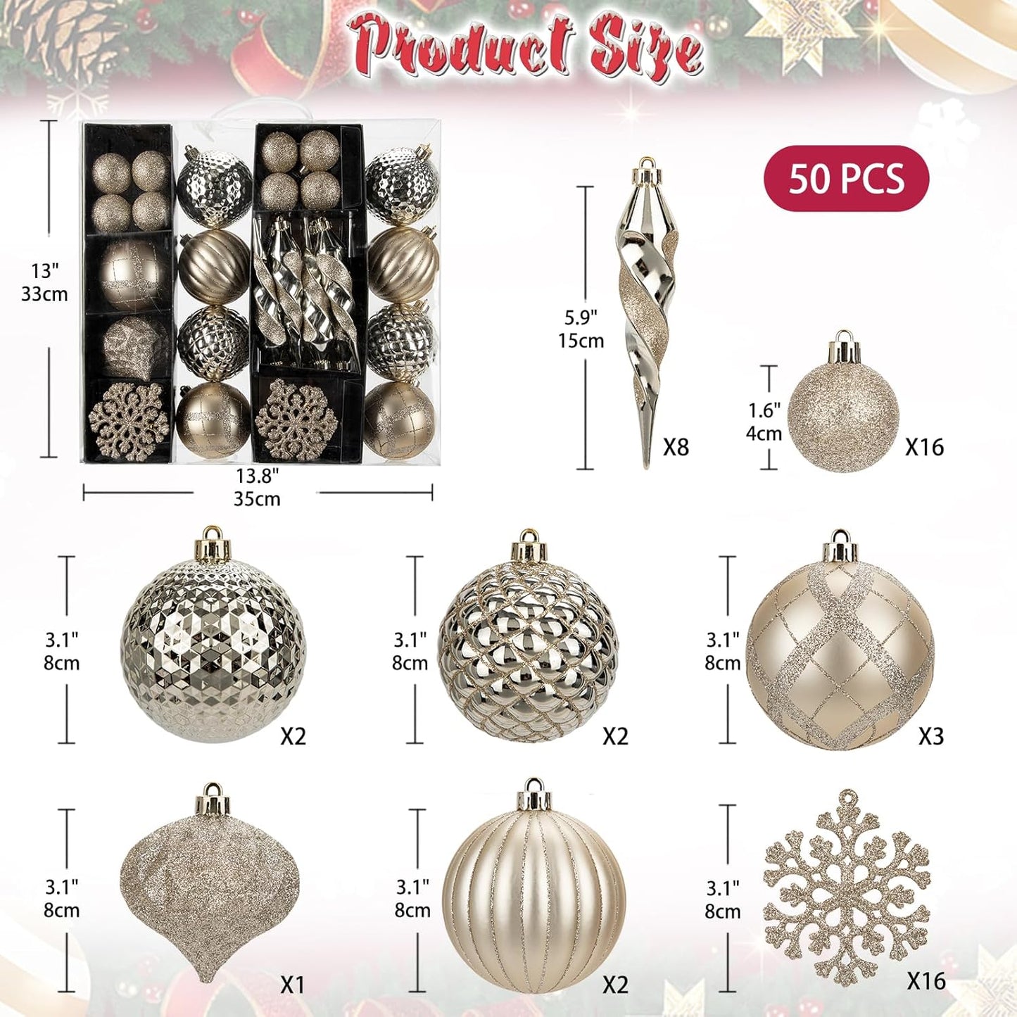 50PCS Christmas Tree Ornaments Set with Shatterproof Balls Icicle Snowflake Hanging Ornaments for Home Office Farmhouse Christmas Decorations, Champagne