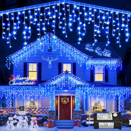 99ft Icicle Lights for Outside, Blue Christmas Lights Outdoor Indoor, 1216 LED Twinkle String Light with 228 Drops Short Curtain Lights for Thanksgiving Room Home Wall Bedroom Window Tree Decorations