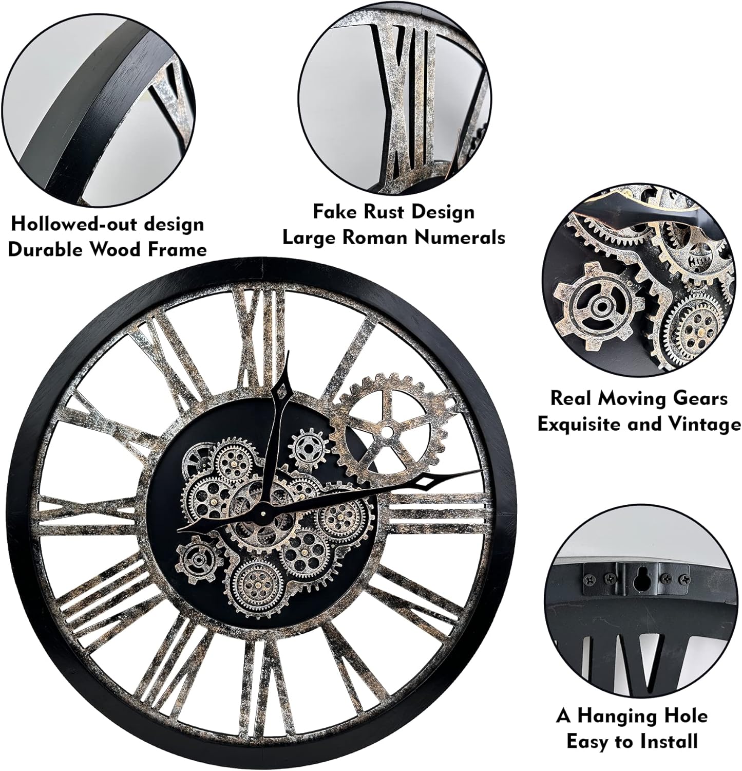The B-Style Large Real Moving Gears Wall Clock 30 inch Rustic Retro Industrial Farmhouse Wood Clock Oversized Decorative Vintage Wall Clocks for Living Room (Black)