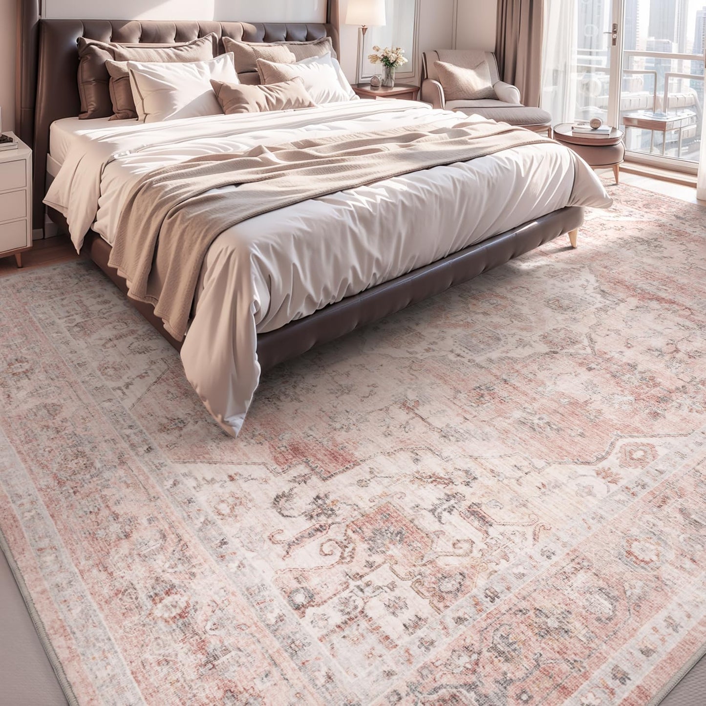 AMOAMI-Area Rug 5X7 Rugs for Living Room-Vintage Soft Pink Rugs for Bedroom-Non Slip Carpet-Machine Washable Rug for Dining Room Living Room Bedroom Office Under Table