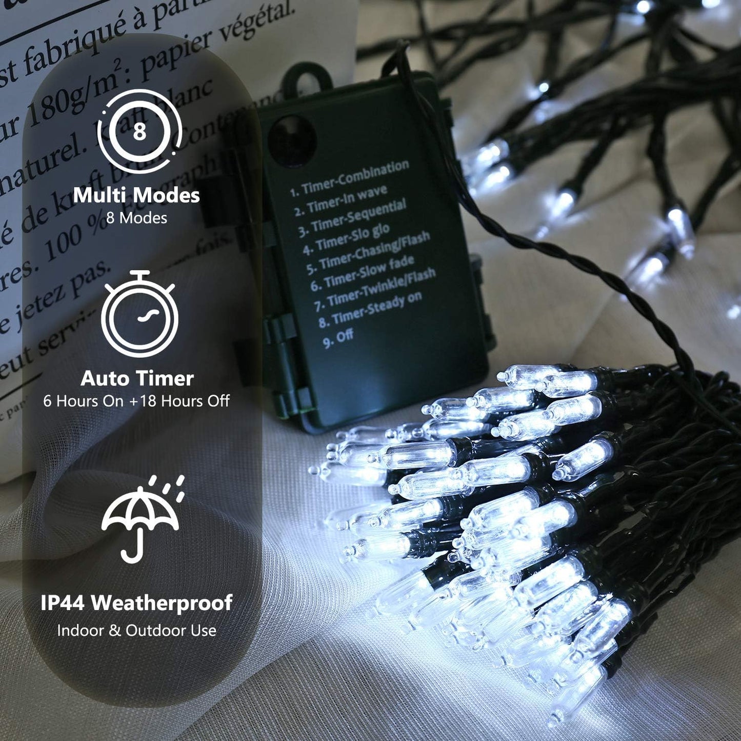 BrizLabs White Christmas Lights, 2 Pack 17.94ft 50 LED Battery Christmas String Lights with Timer, 8 Modes Christmas Tree Lights Indoor Outdoor Christmas Mini Lights for Christmas Tree Wedding Home