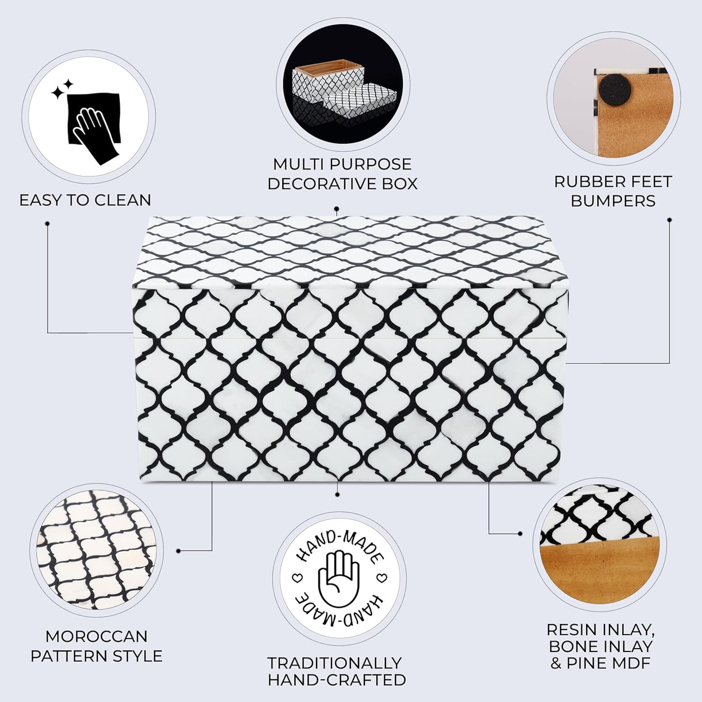 Handicrafts Home Handmade Moroccan Pattern Inspired Decorative Box - Large Storage Organizer for Neck Chains, Watches, Memory Keepsakes - Boho Style Treasure Box, Multipurpose Gift - B&w, 10x5x5