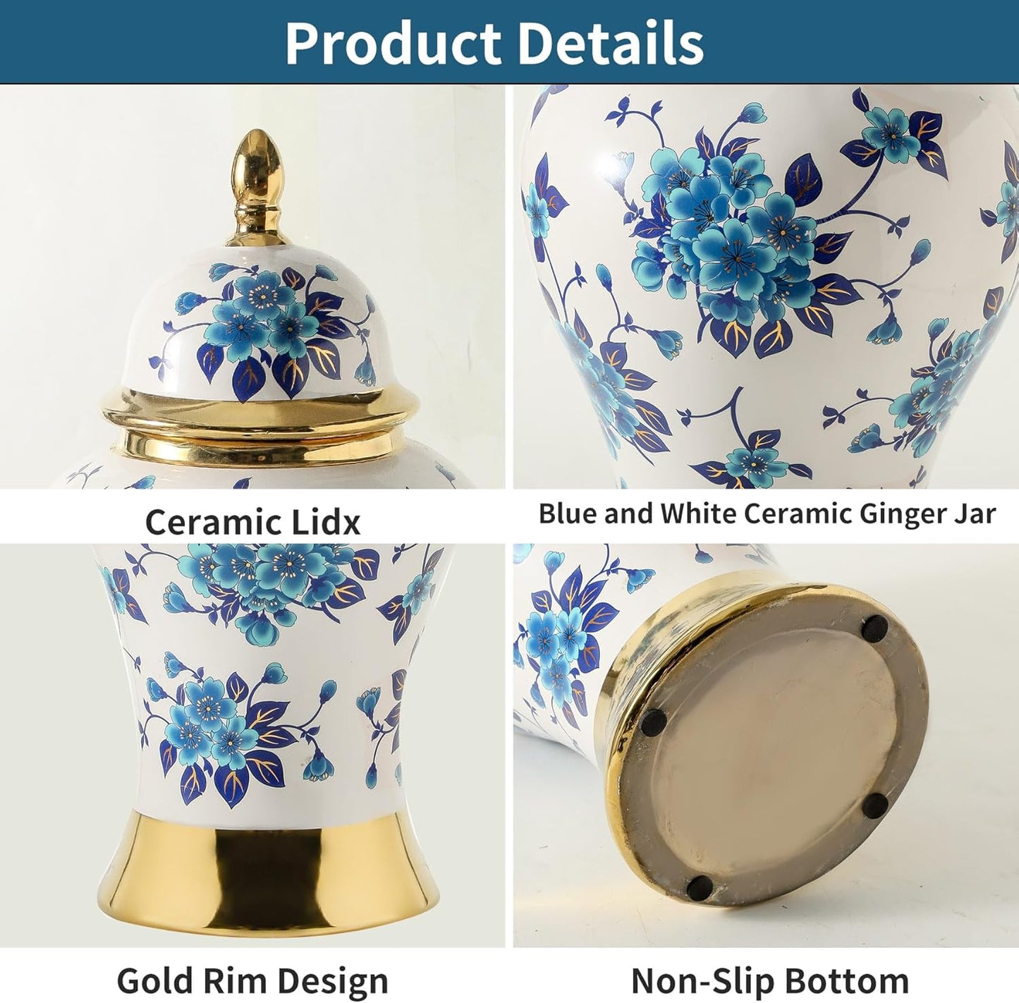 Ginger Jars for Home Decor, White and Gold Vase, Porcelain Ginger Jar Chinoiserie Blue and White Vase with Gold Trim and Floral Pattern, Ceramic Flower Vase for Home, Temple and Storage Jars(18in)