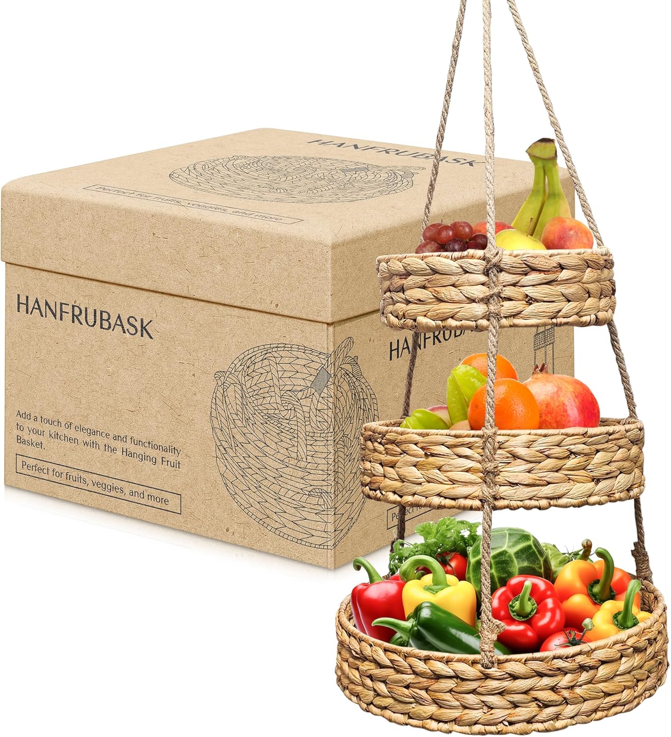 Generic HANFRUBASK - Hanging Fruit Basket Set of 3, Woven Water Hyacinth, Round, Beige, Rustic, Kitchen Storage & Organization