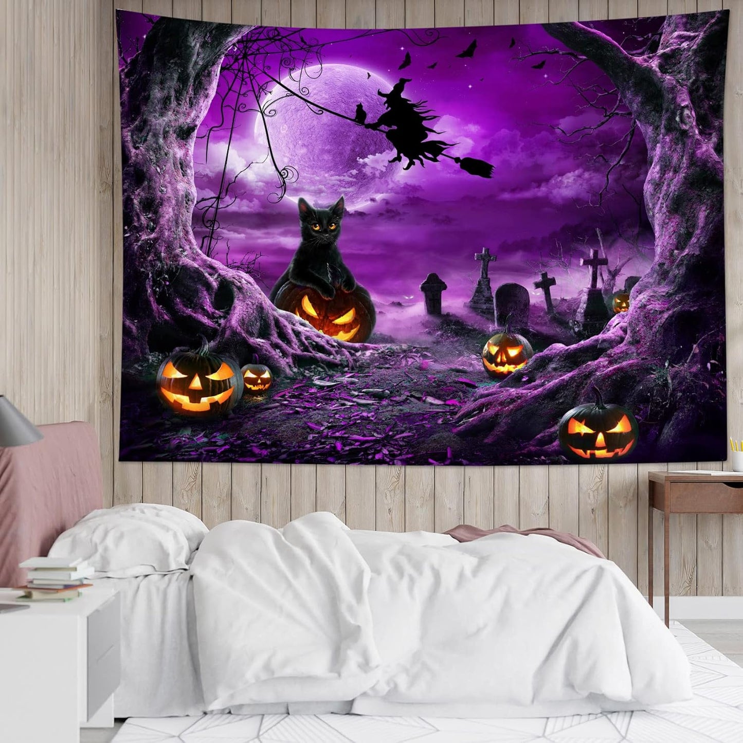 LB Halloween Tapestry Horror Witch Cat and Dead Tree Pumpkin Lights with Spooky Graveyard Tapestry Wall Hanging Purple Full Moon over Misty Forest Wall Decor for Bedroom Living Room Dorm 60x40 Inches