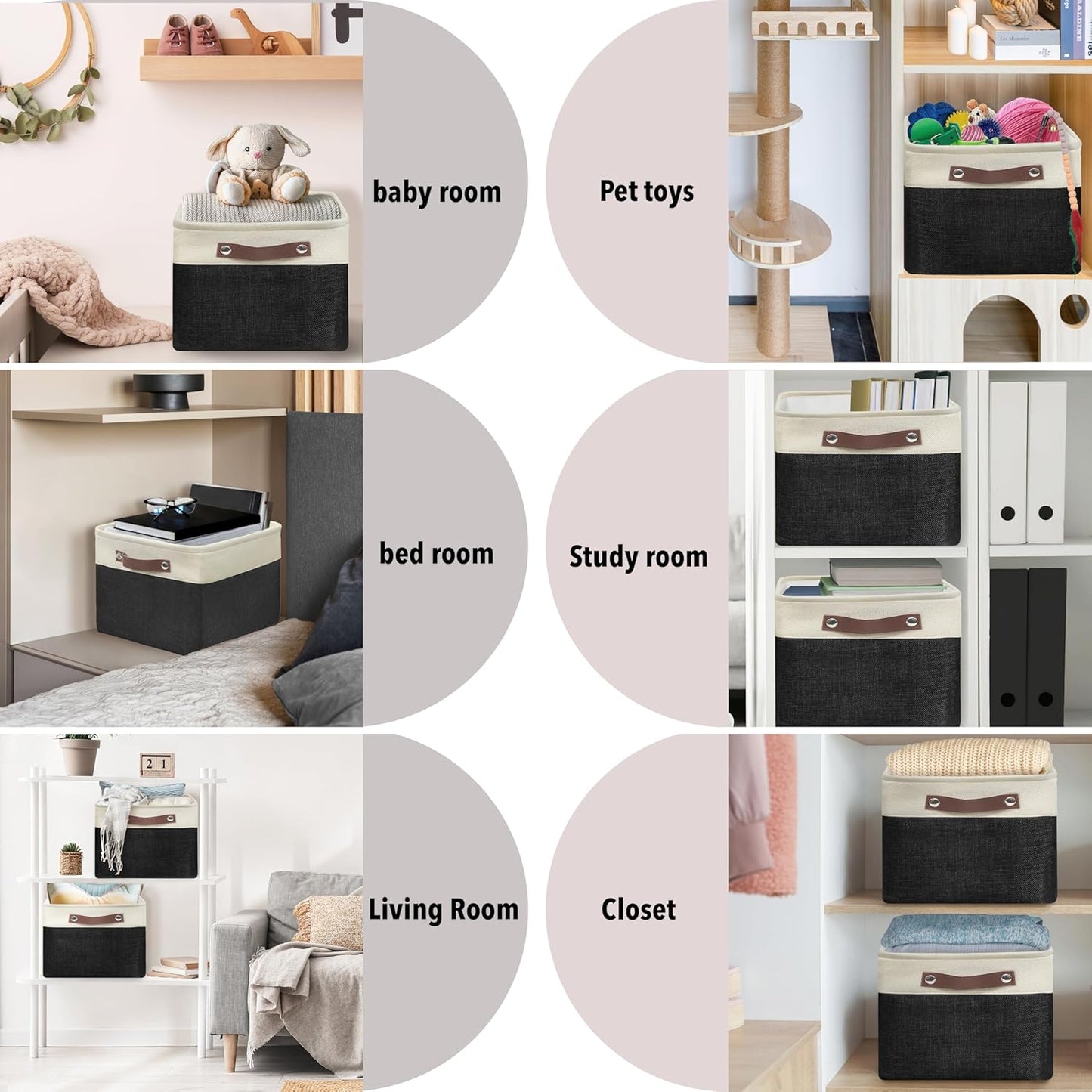 SIMPLE HOUSEWARE Large Fabric Storage Bin, 15" x 11" with Leather Like Handles, 3 Pack, Black