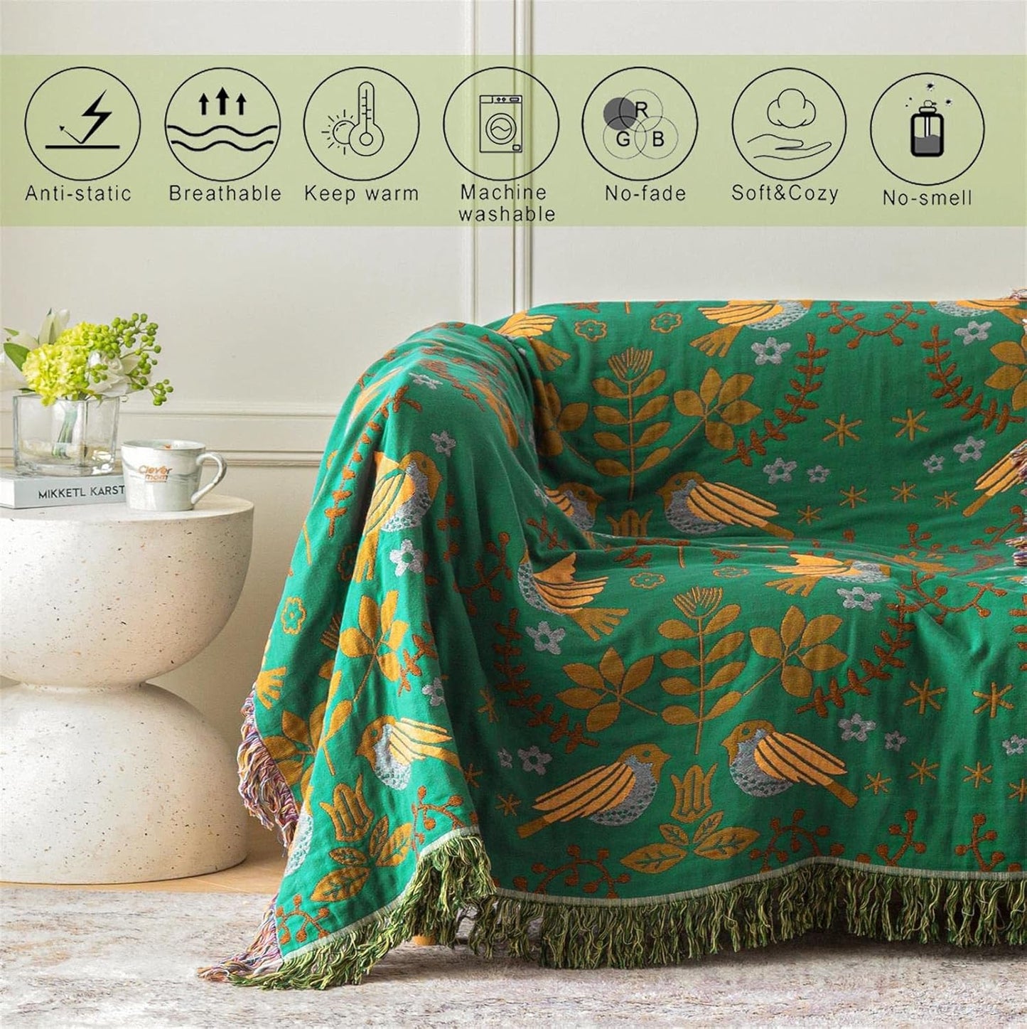 Green Summer Blanket 60''x 80'' Boho Throw Blankets for Couch Bed Chair,100% Cotton Quilts Christmas Warm Soft Blanket Muslin Bed Blankets Farmhouse Decoration