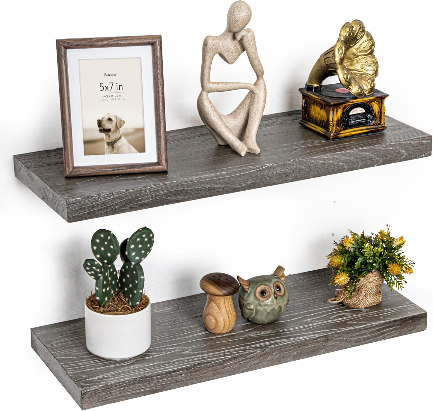 Fun Memories Floating Shelves for Wall, 24"x9.3" Rustic Solid Elm Wood Shelves, Heavy-Duty Wall Mounted Shelves with Invisible Brackets, Set of 2 for Living Room, Bedroom, Kitchen, Natural Finish