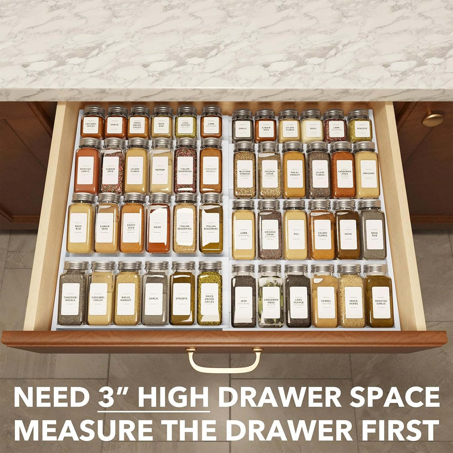 SpaceAid Bamboo White Spice Drawer Organizer, (Need 3" Deep Drawer) Expandable 4 Tier Spices Rack for Cabinet, Kitchen Seasoning Storage Insert (Jars Not Included, From 12" to 23" Wide)
