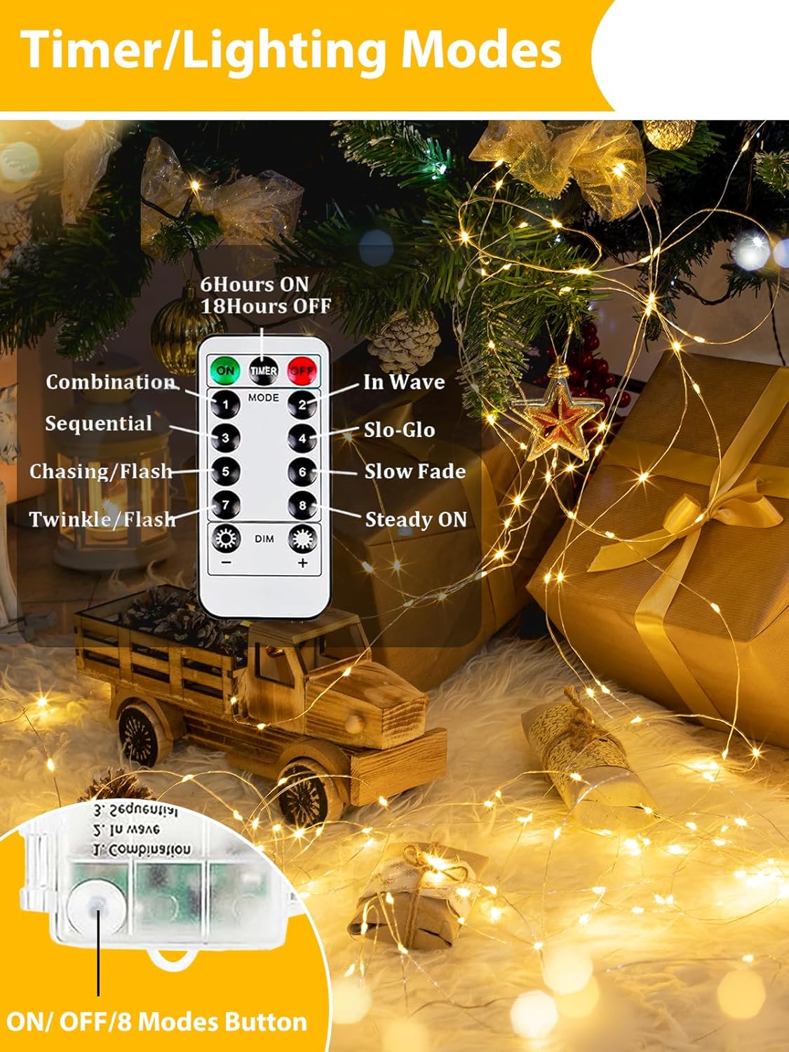 2 Pack 100LED Battery Operated Fairy Lights with Remote, 8 Modes LED String Lights with Timer, Dimmable, Memory Function, Waterproof Twinkle Lights for Outdoor Indoor Christmas Decor(Warm White)