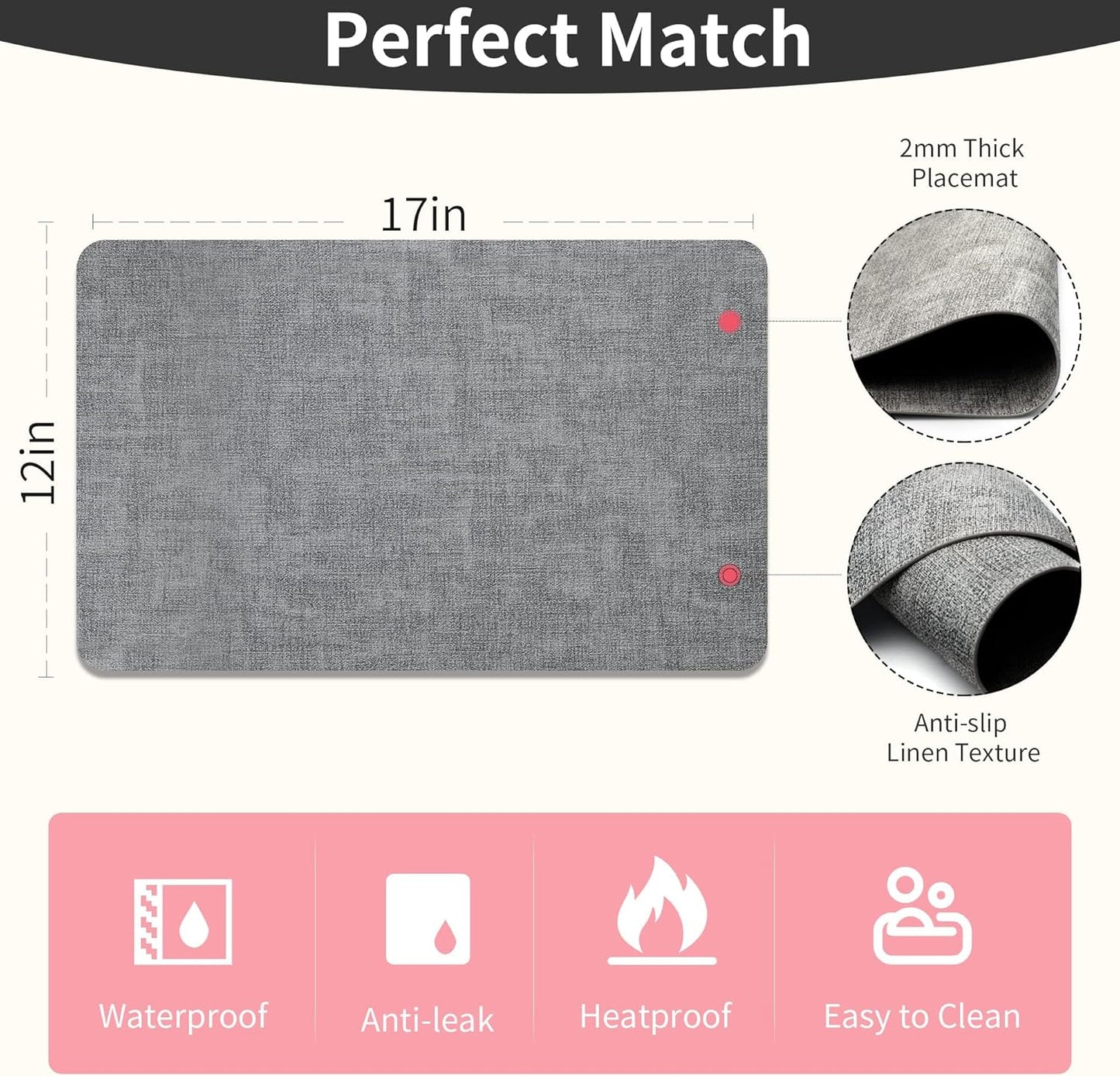 Maxpearl Faux Leather Placemats Set of 8 – Waterproof, Wipe Clean, Heat Resistant, Non-Slip Dining Table Mats for Indoor & Outdoor Use, 17”×12”, Grey