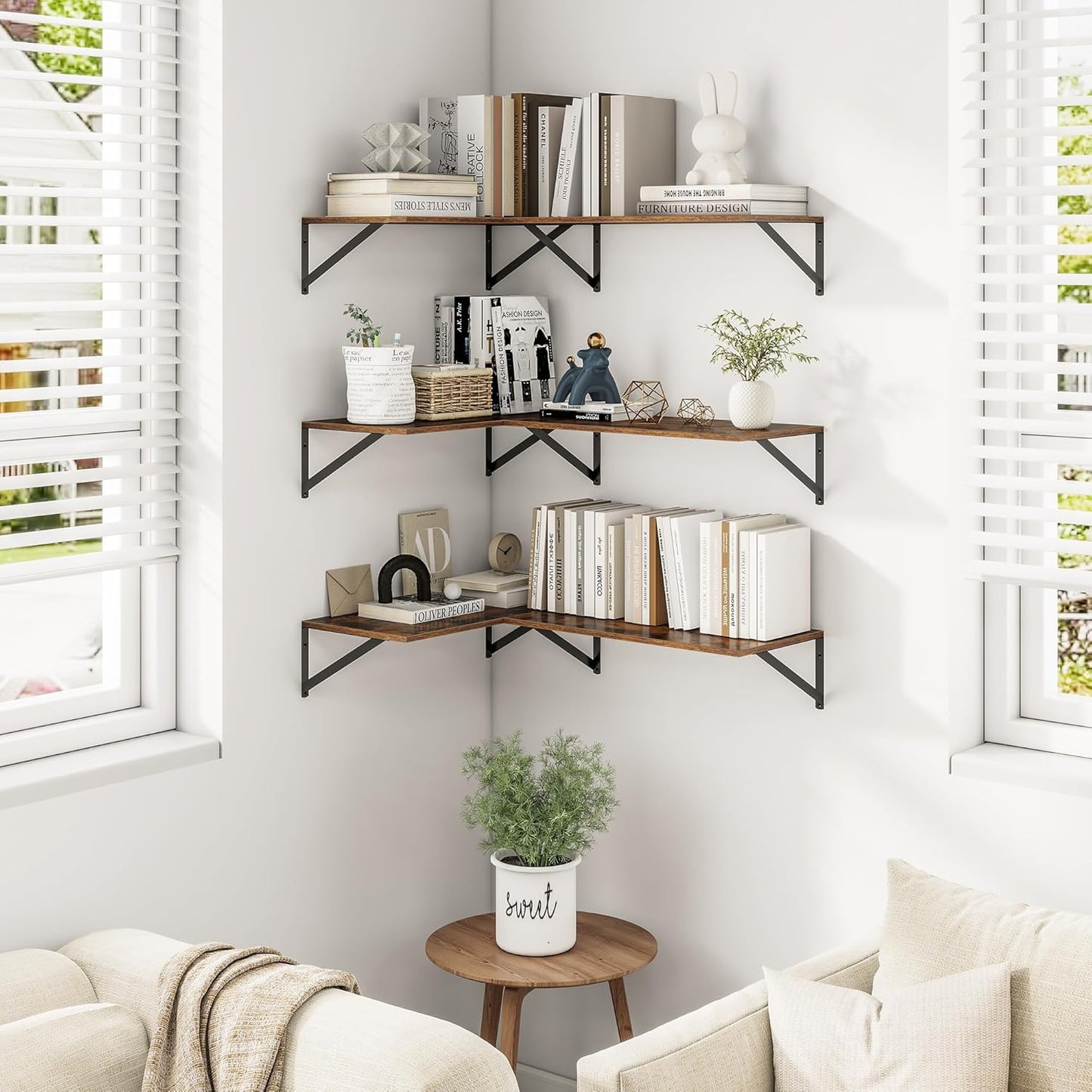 Heimlove 24" W x 12" D Wall Shelves for Books, 12 Inch Deep Floating Shelves Set of 3, Wide Floating Bookshelf with Metal Bracket for Living Room, Kitchen, Office, Bedroom and Decor - Rustic Brown