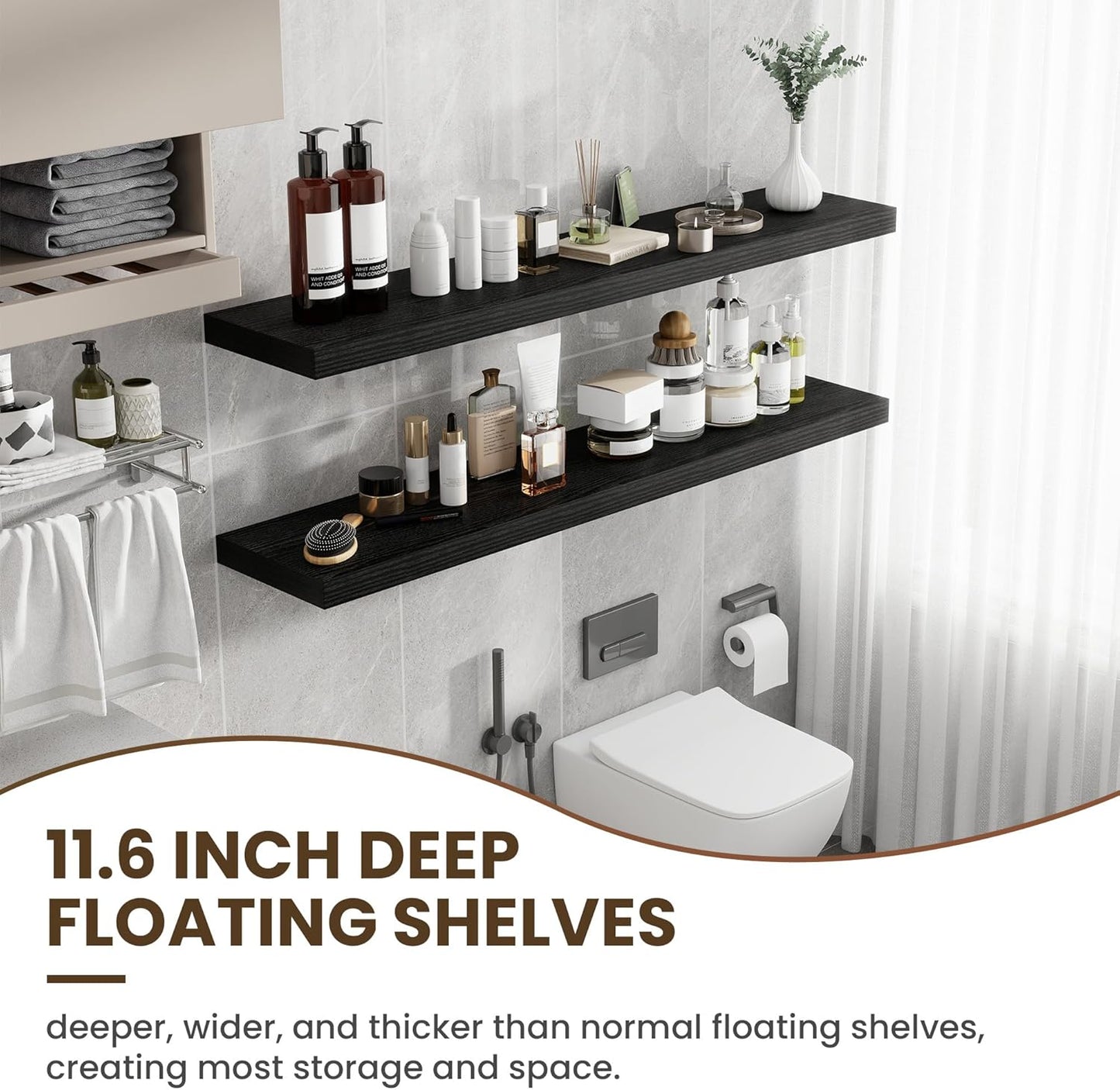 55 Inch Floating Shelves, 11.6 Inch Deep Floating Shelves for Wall, Floating Shelf with Invisible Brackets, Deep Shelves for Bathroom, Bedroom, Living Room, 1 Pack, Black
